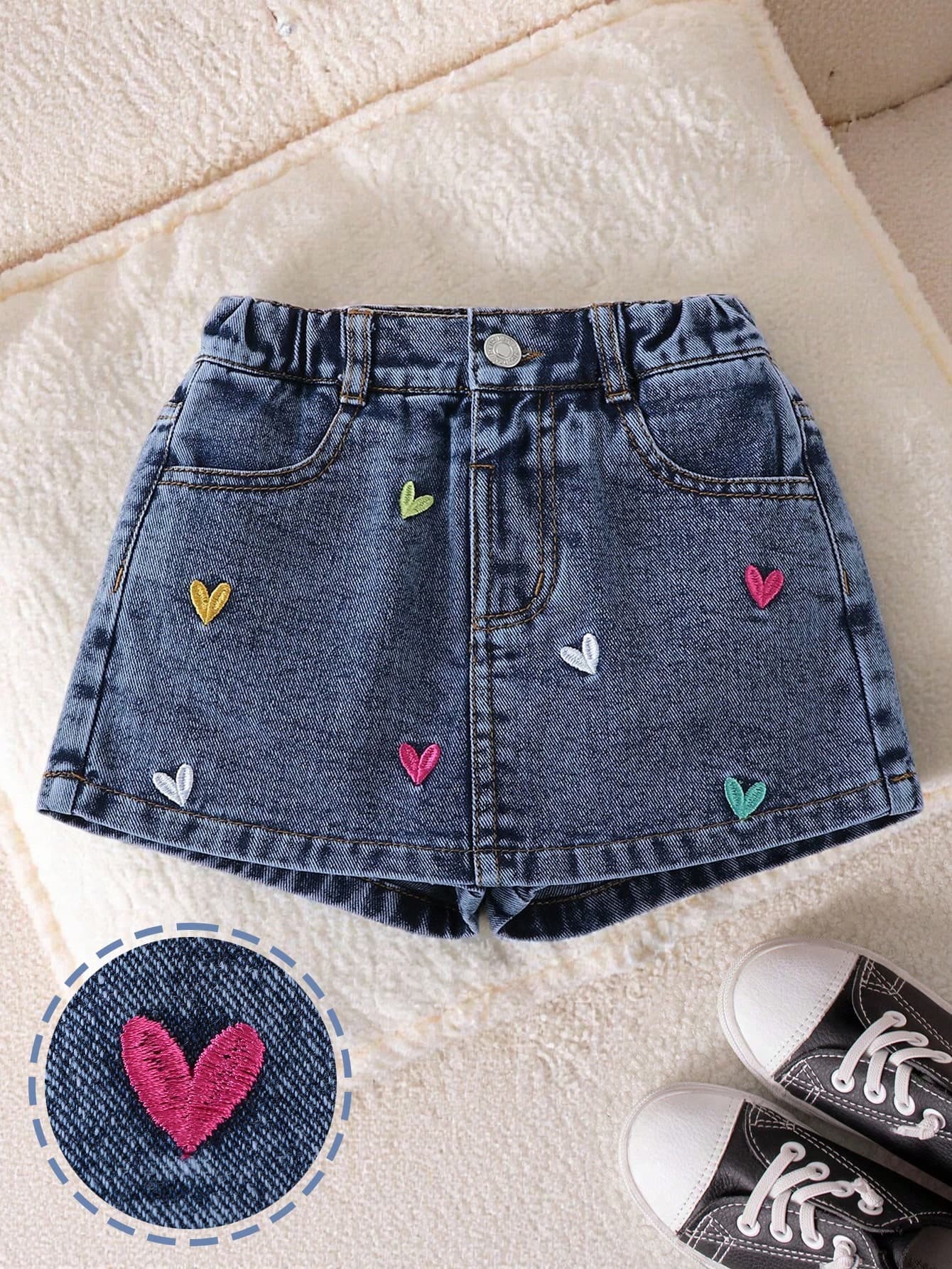 Genkimix Kids Young Girls Blue Denim Skirt,Back-To-School Colorful Heart Embroidery Elastic Waistband A-Line Silhouette Vintage Washed Soft Casual Skirts