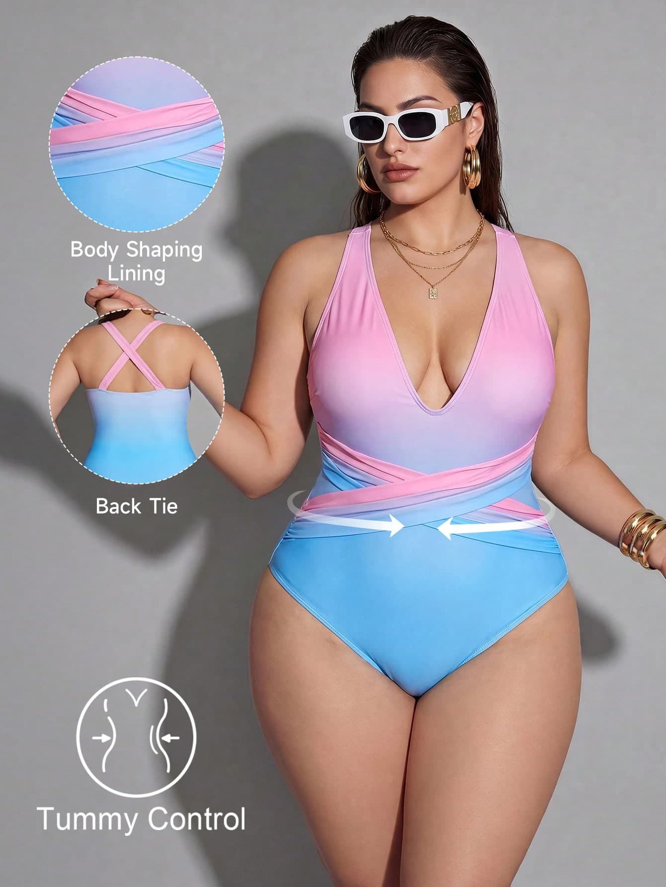 Shapewave Plus Size Women Ombre Ruched One-Piece Swimsuit, Suitable For Beach Beach Vacation Vacation, Pool Party, Beach Party Summer Sexy