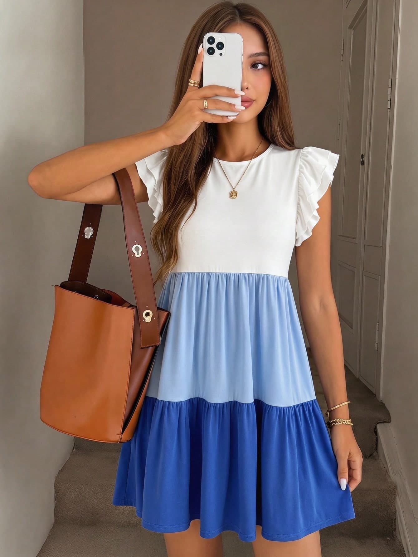 SHEIN Kids Girls Patchwork White Cap Sleeve Loose A-Line Short Dress,Holiday Casual Cute Cute Cute Suitable For Daily Commuting Vacation Summer Birthday