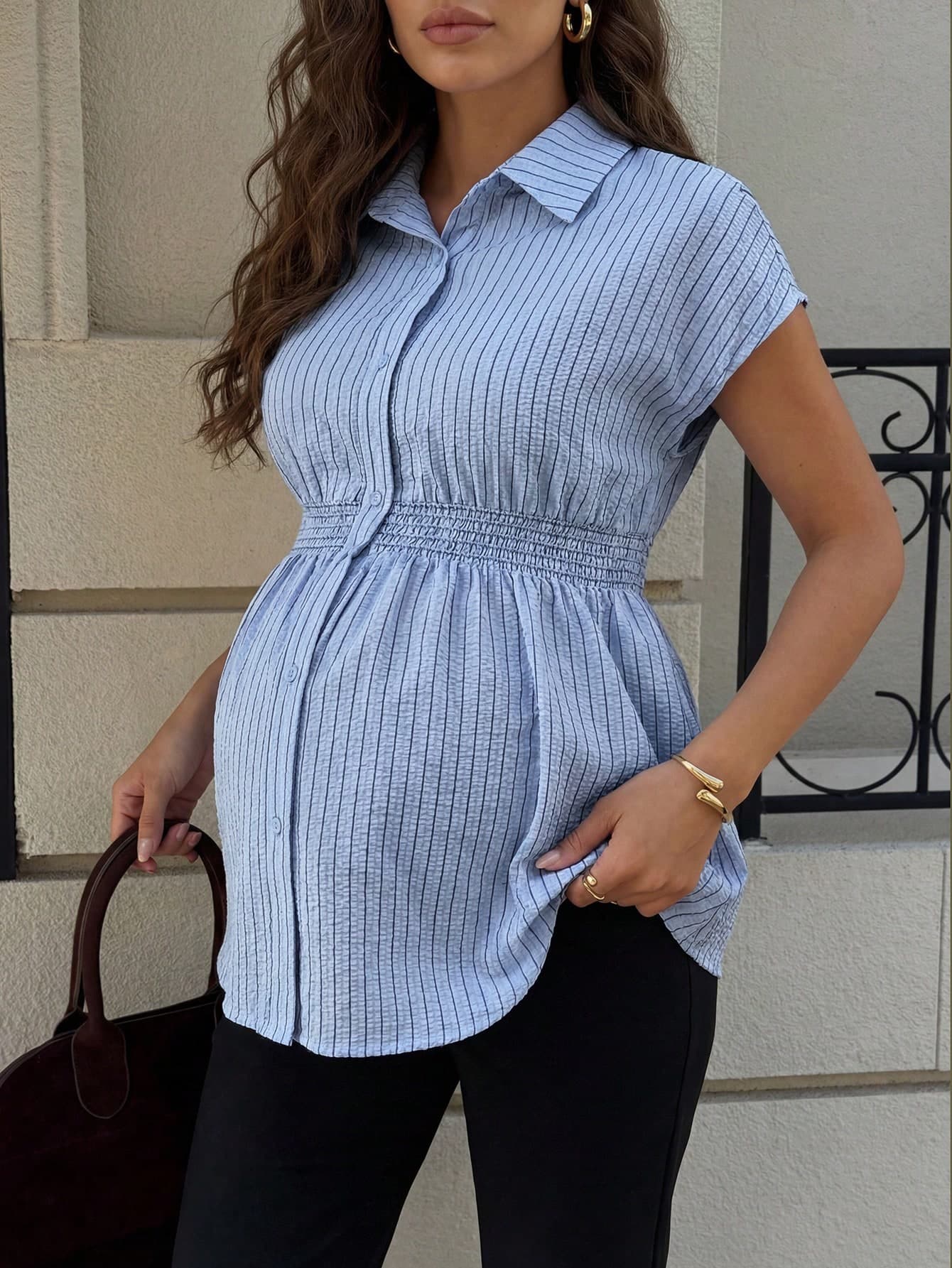 MaterniWear Maternity Striped Ruched Casual Versatile Daily Wear Shirt Fall