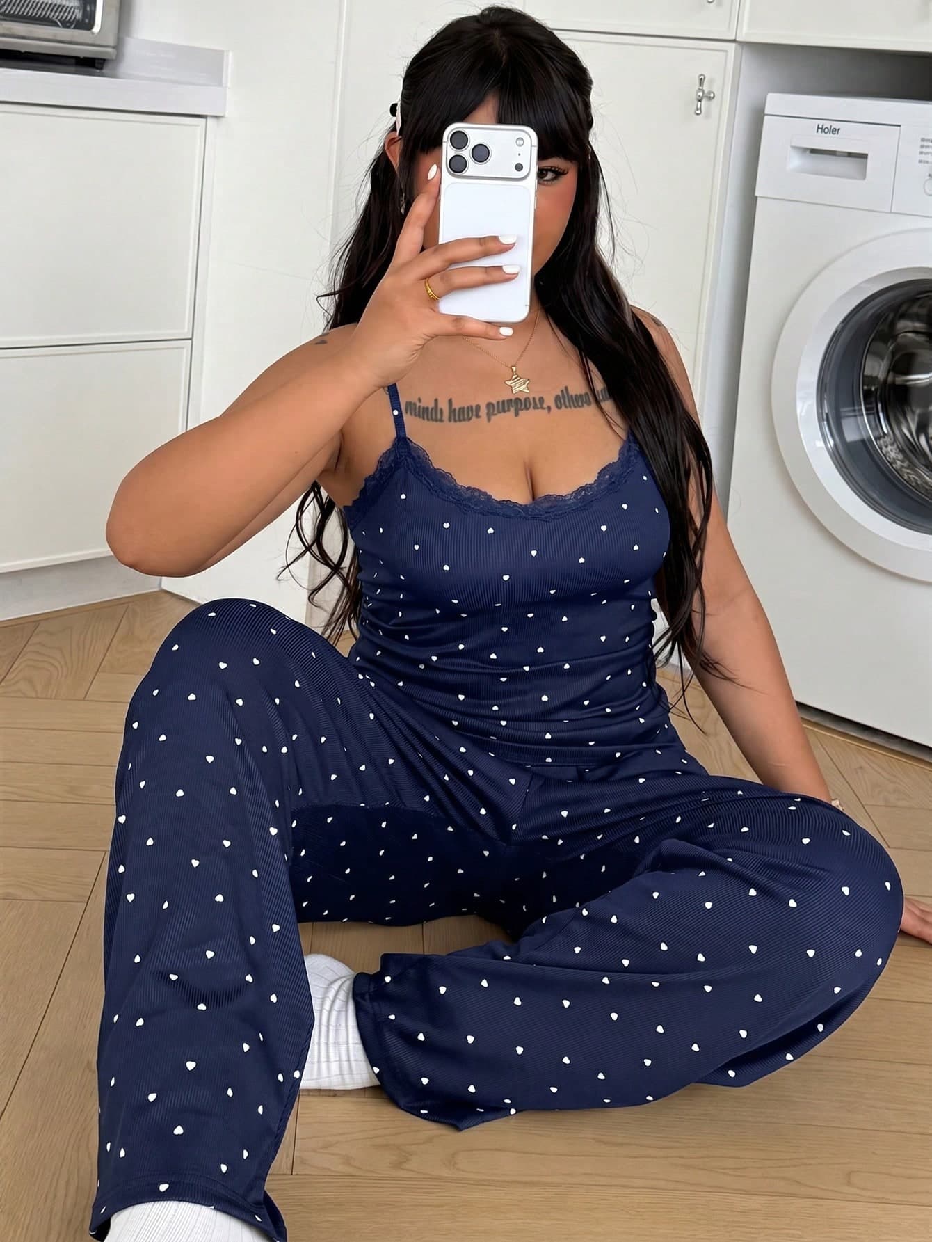 ZzzCrew Plus Size Women's Knitted Heart Print Contrast Lace Camisole And Pants Pajama Set, Cute & Sexy, Can Be Worn Outerwear