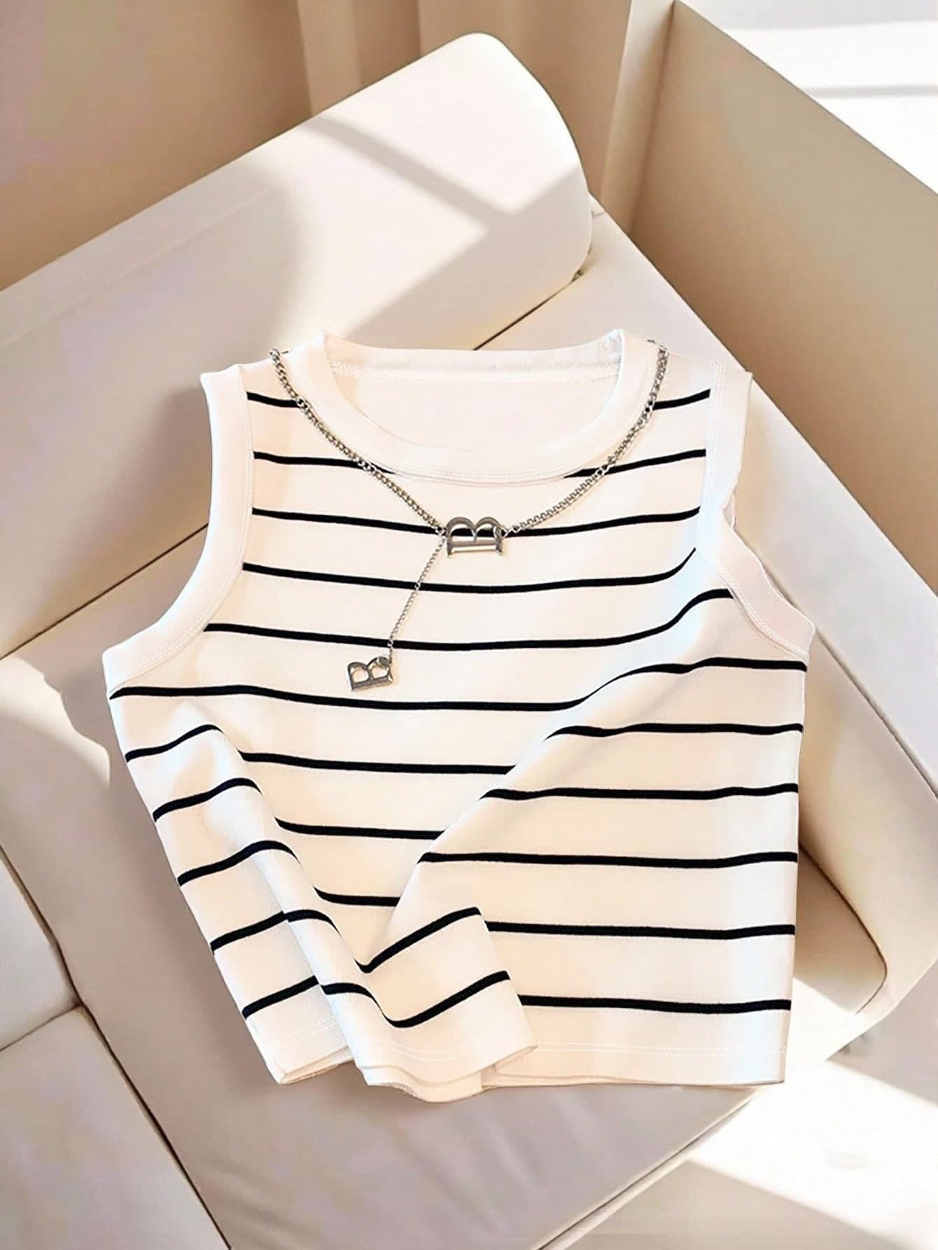 Qadelle Women's Striped Crew Neck Casual Versatile Tank Top