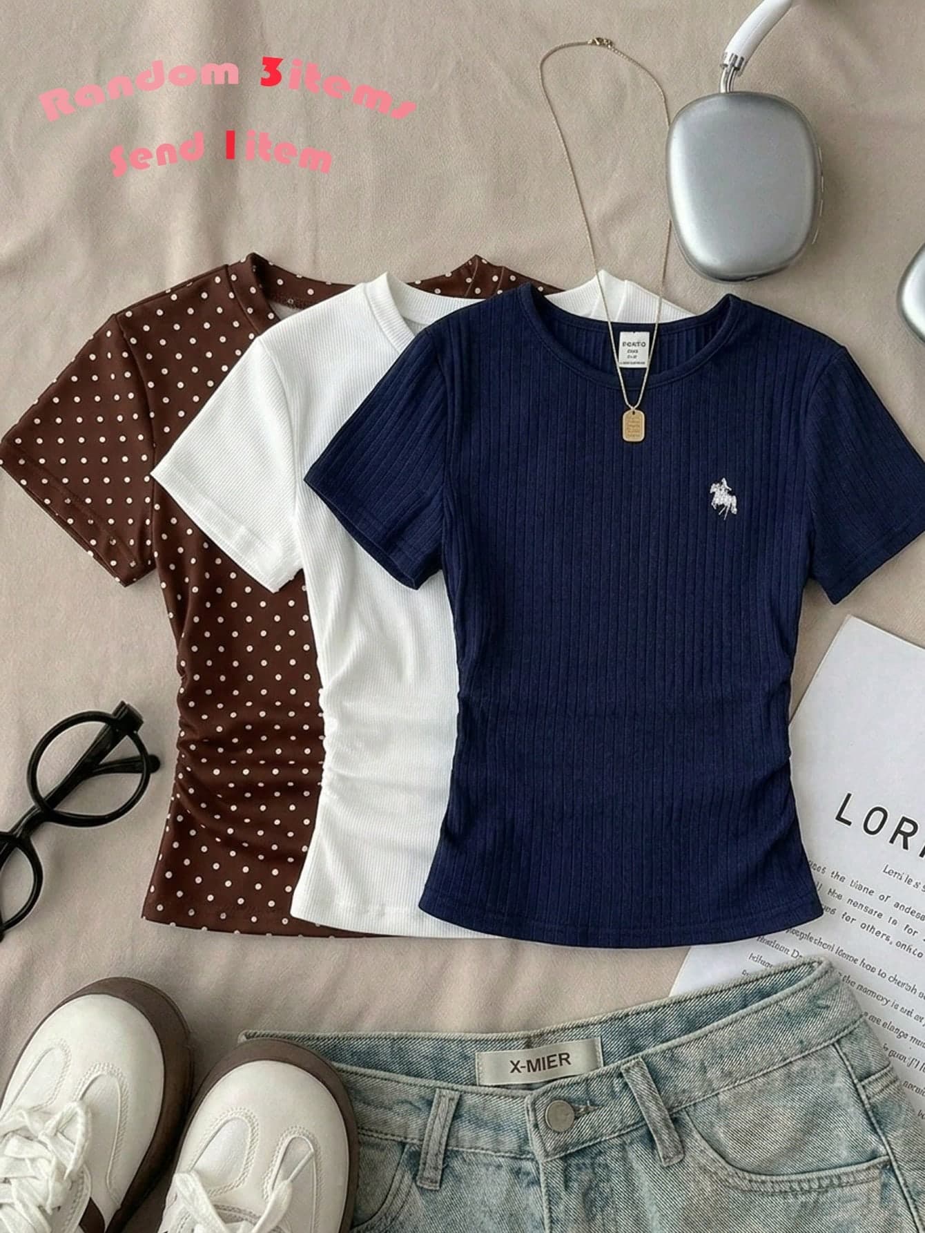 SHEIN Random 3items,Send 1item Teen Girl Casual Fitted Round Neck Ruched Short Sleeve T-Shirt, Suitable For Summer