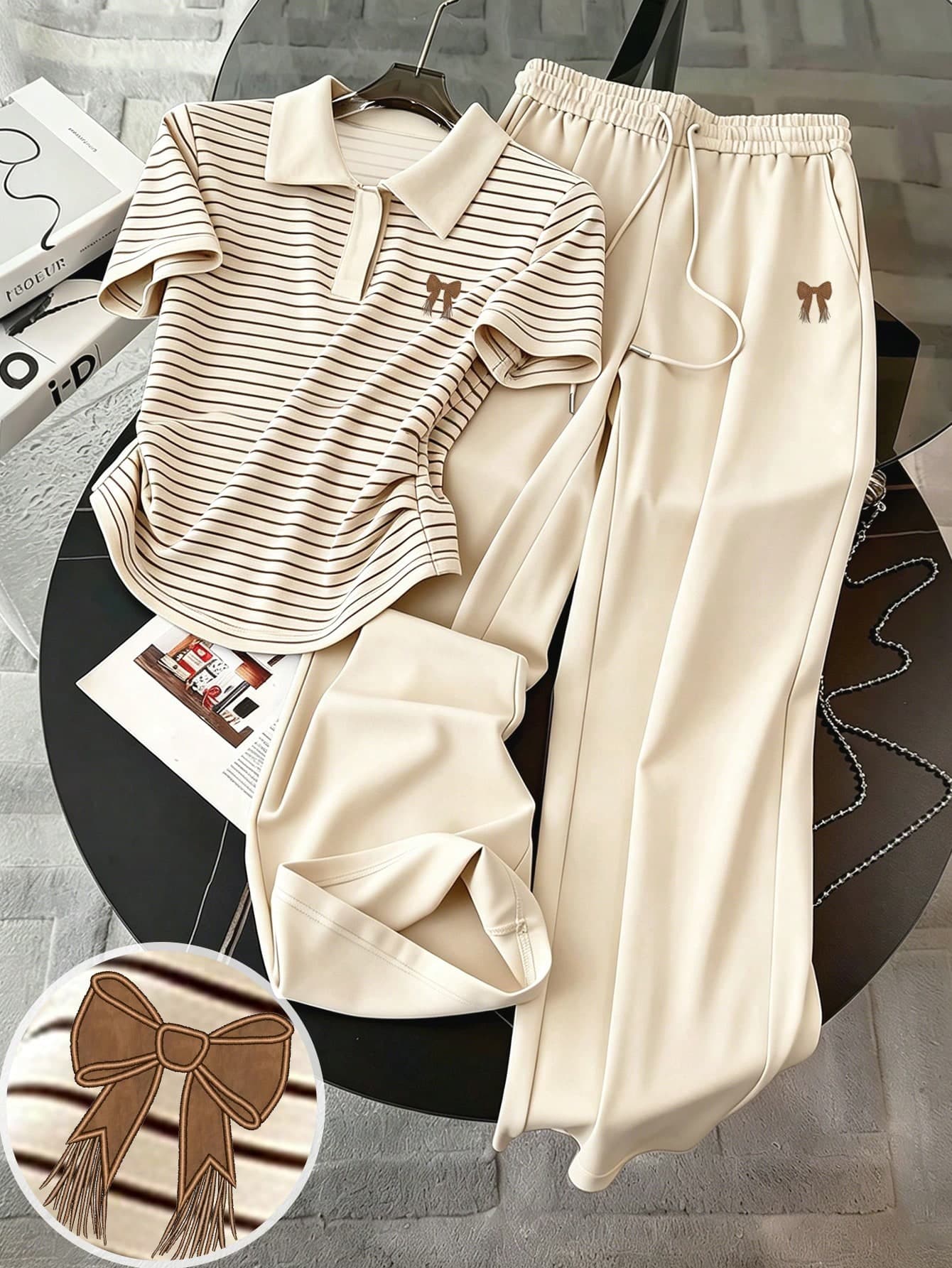 Resyla Striped Digital Print Bow Embroidery Minimalist Women's Polo Collar T-Shirt + Pants Set, Gift For Friends