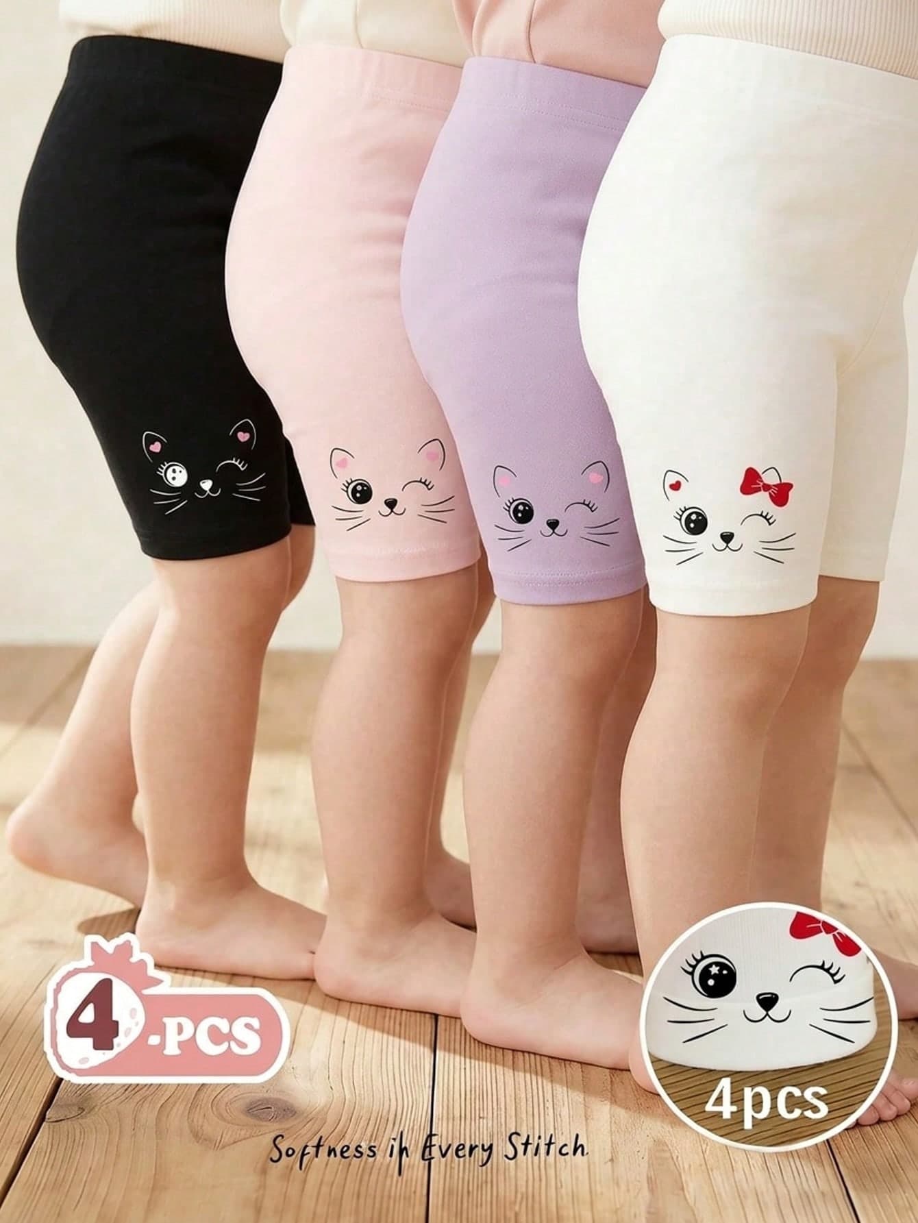 4pcs/Set Girls Toddler Casual Cute Cartoon Cat, Bow, Heart Printed Stretchy Knit Leggings, Versatile Short Tights