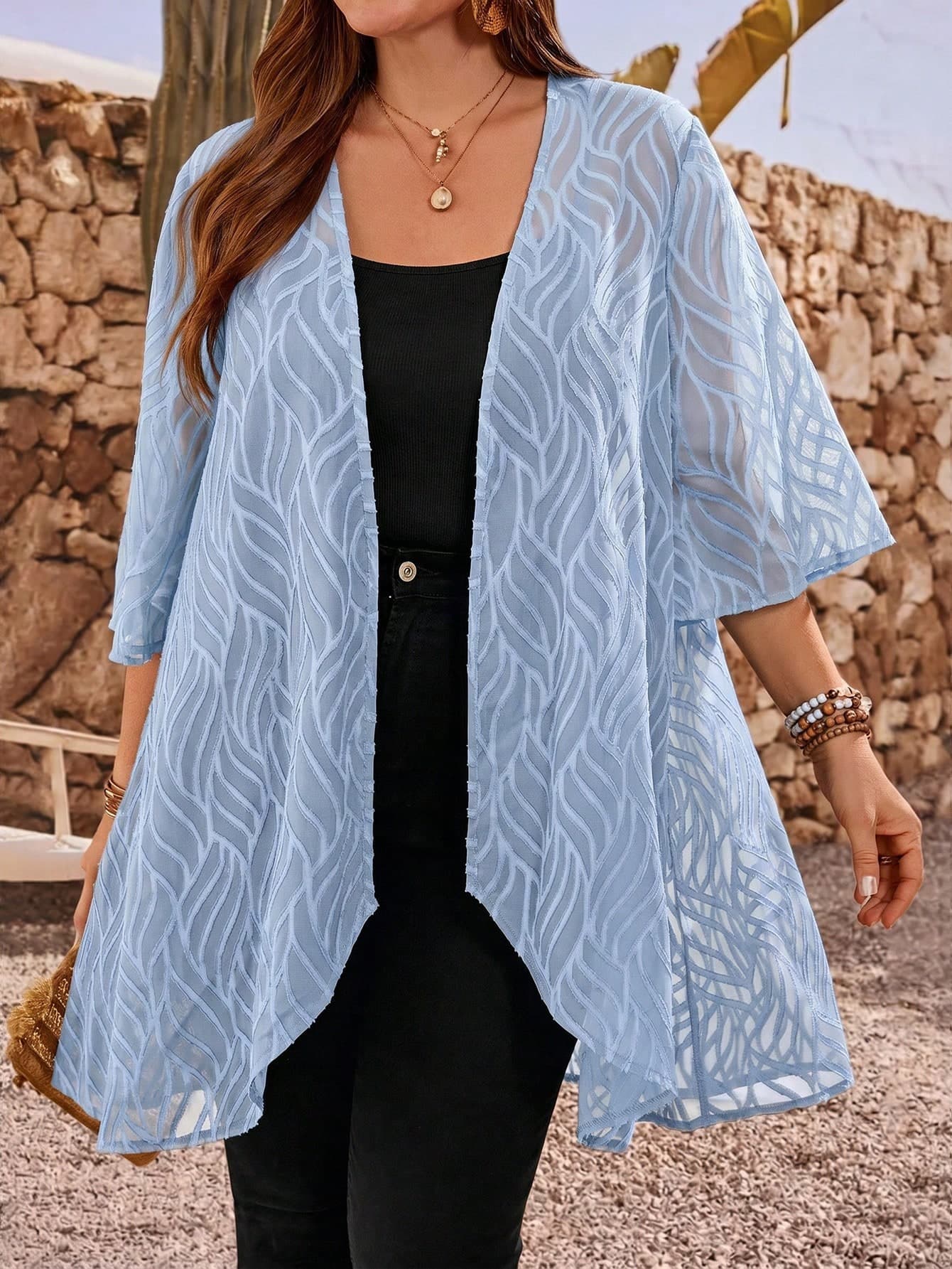 EMERY ROSE Plus Size Women Summer Casual Versatile Vacation Kimono Jacket, Blue Elegant Casual Loose Lightweight Coats,Summer Holiday,Vacation,Simple And Fashionable For Everyday Wear,Vacay Vibes,Springbreak,Casual Wear