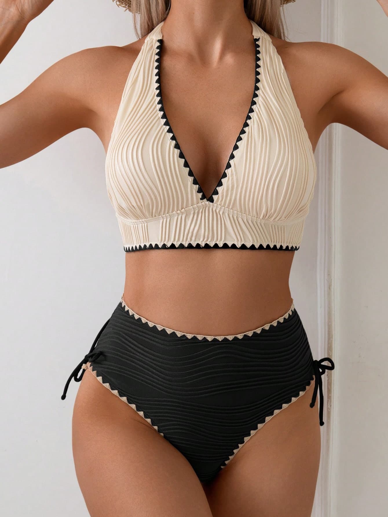 Swim Basics 2pcs Women's Sexy Ribbed Contrast Color Bikini Swimwear Set