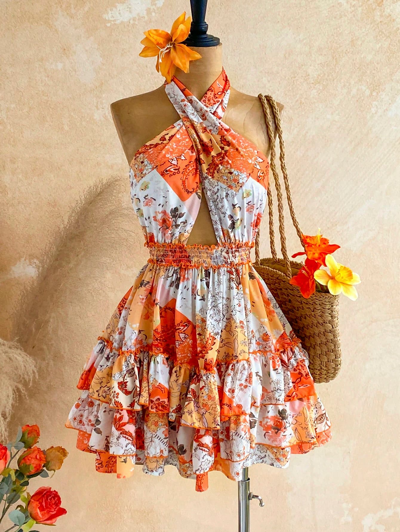 Soleia Women's Vacation Casual Floral Print Backless Halter Mini Dress,Dresses For Women Summer