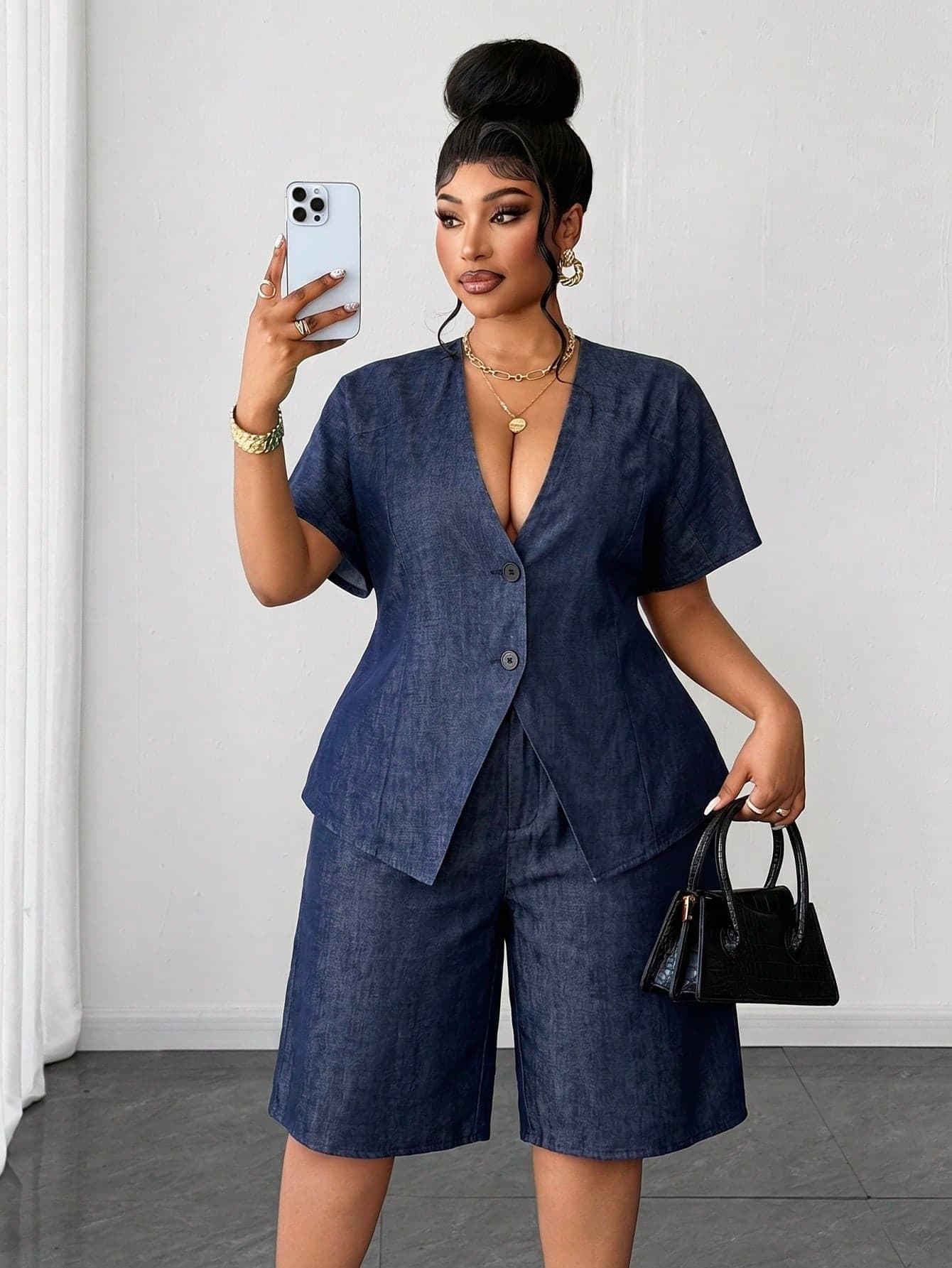 Maweii Women's Elegant V-Neck Sleeveless Navy Blue Vest & Wide Leg Loose Shorts Set,Minimalist Summer Office Smart Casual Outfit,Petite & Plus Size Fashion