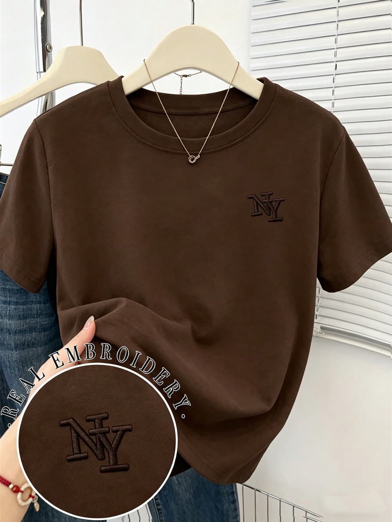 Franclia Women's NY Letter Embroidered Round Neck Short Sleeve T-Shirt,All Shades Of Brown,Summer,Casual,School,Back-To-School Elegant Loose Tee Outdoor Tops