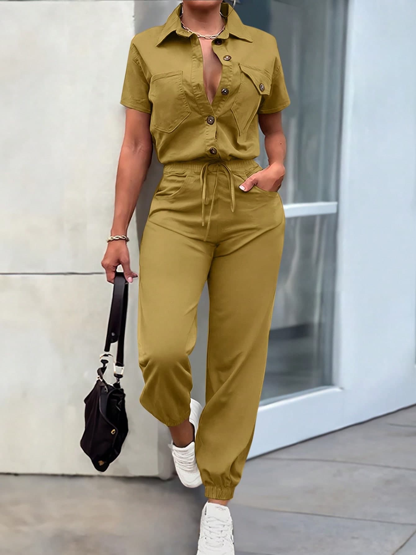 EMERY ROSE Women's Elegant Casual Button Decor Pocket Loose Top And Slim Fit Ankle-Length Jumpsuit, Spring/Summer Travel Mustard Yellow