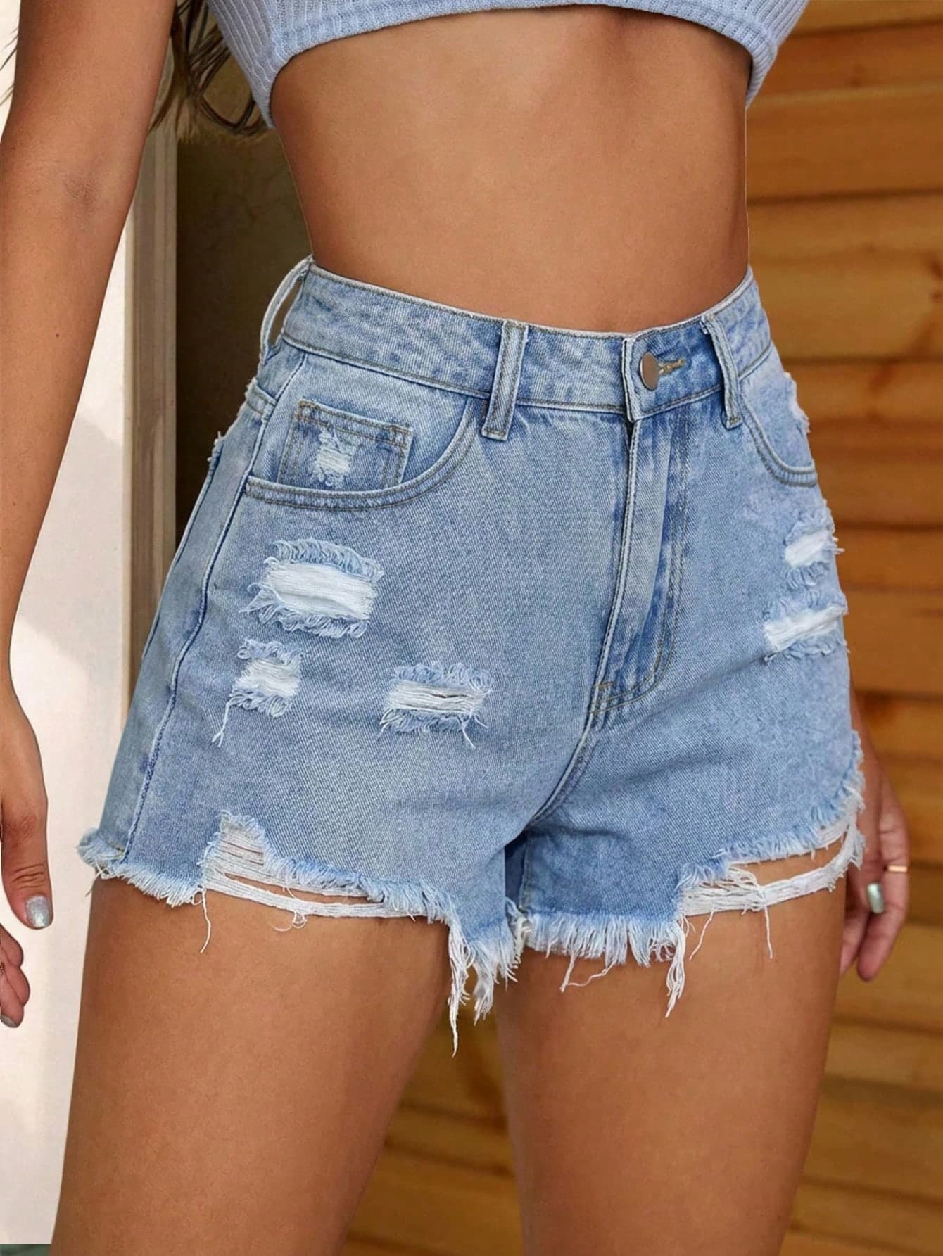 SHEIN Unity Women's High Waist Pocketed Distressed Frayed Hem Casual Denim Shorts