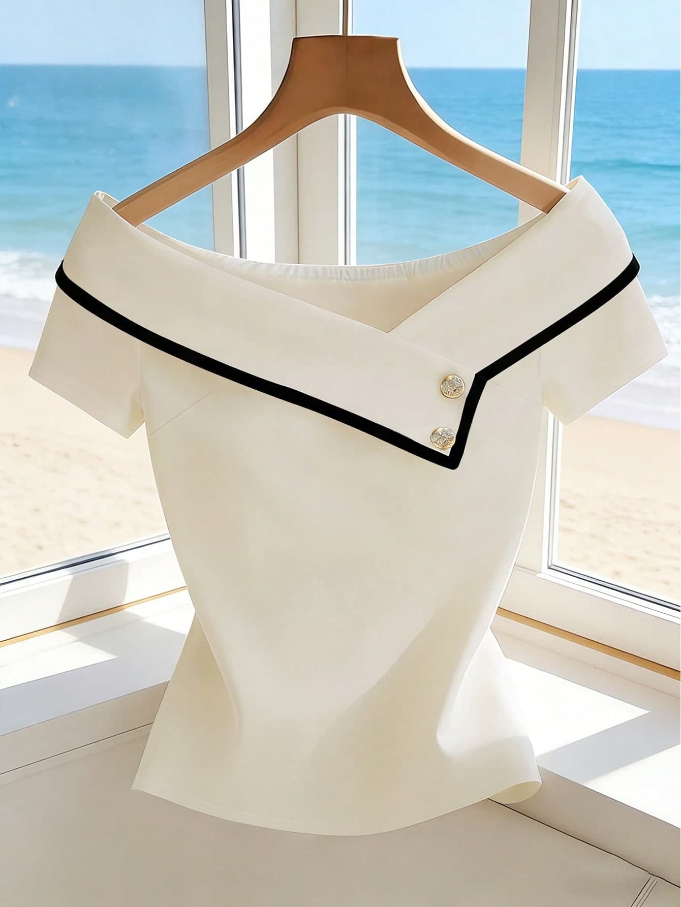 SHEIN Franclia Women's Elegant Summer White Top, Black And White Asymmetric Collar Shirt, Holiday Tea Party French Style Blouse, Office Commute Casual Classy Clothes