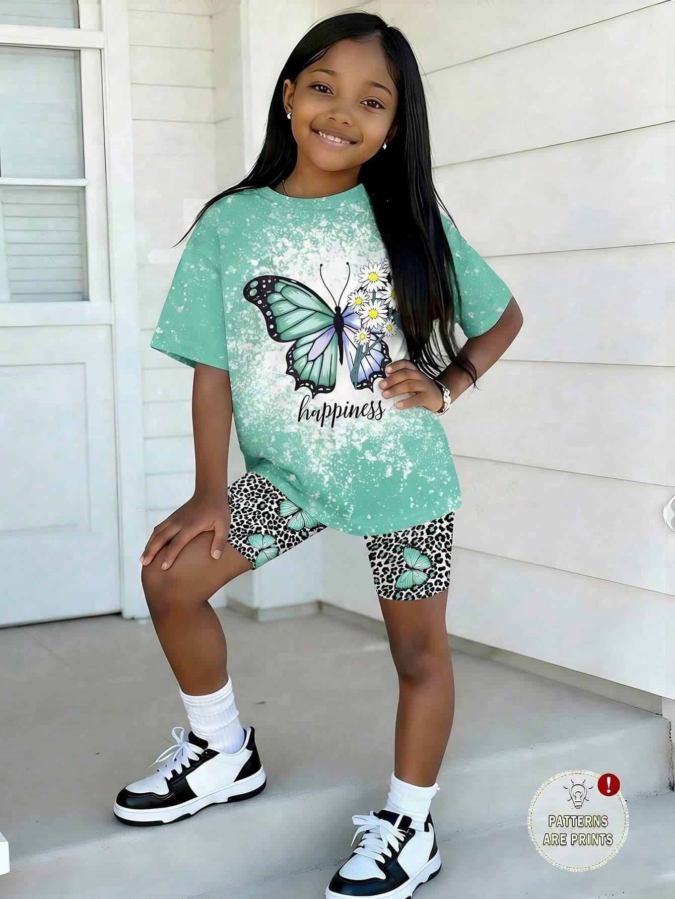 SHEIN Sparklyn Tween Girl White T-Shirt And Shorts Set Outing Summer Casual