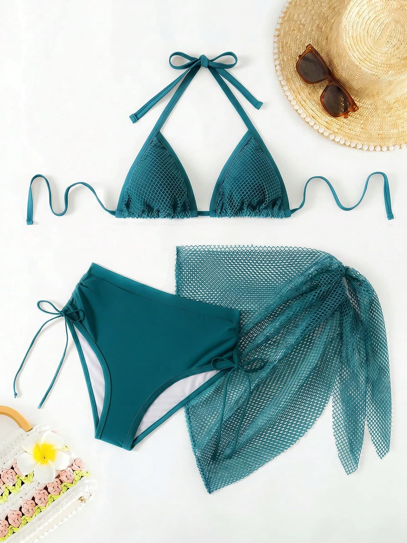 Swim Vcay Plus Size Solid Color Triangle Cup Halter Tie Bikini Set Beach Vacation Teal Summer Sexy