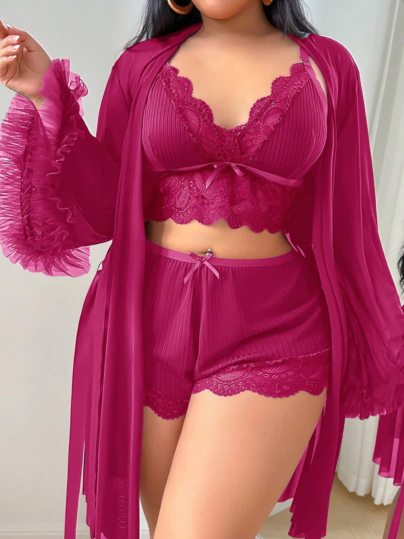 SHEIN 3pcs Set: Lace Trim Camisole Shorts + Floral Trim Wide Sleeve Mesh Robe, Plus Size