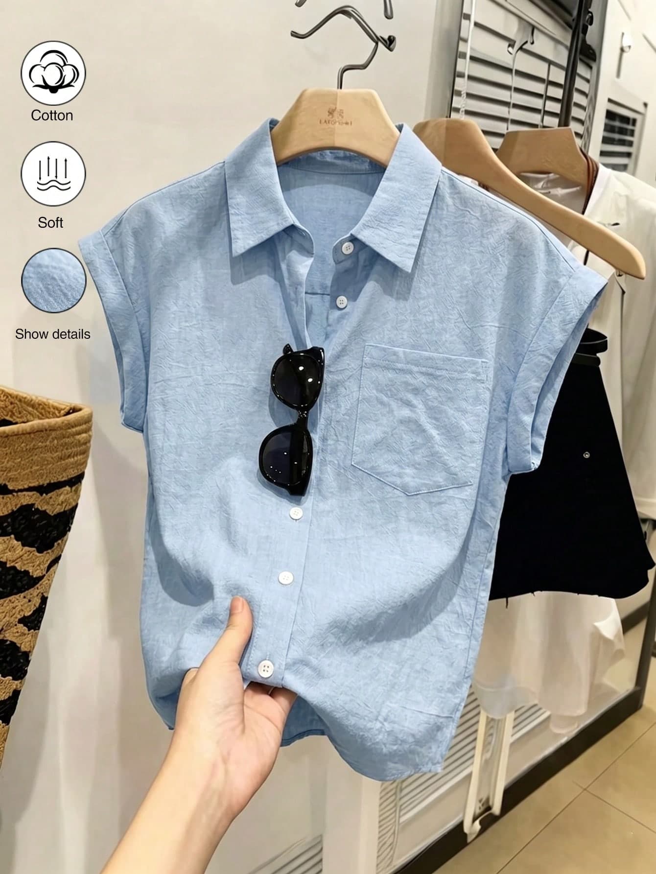 SHEIN Franclia Women's New Spring/Summer Blue 100% Cotton Loose Casual Shirt With Pockets, Suitable For Daily, Vacation, Beach, Office, Work, Elegant, Commute