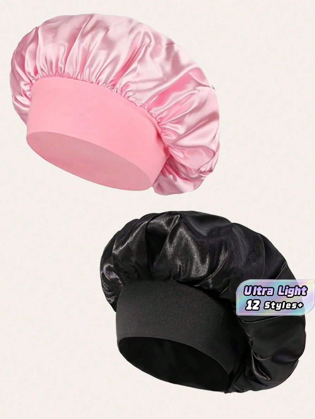 SHEIN 1/2pcs Silk Bonnet For Sleeping, Satin Hair Bonnets, Soft Elastic Band Silk Sleep Cap, Silk Hair Wrap For Curly Hair, Hair Bonnets For Women Sleeping,Silk Hair Wrap,Elastic Wide Band Silk Sleep Cap,Soft And Breathable, Ideal For Overnight Curls Preservation, All-Season Shower Caps, Comfortable For Chemotherapy Patients (Black/Powder)