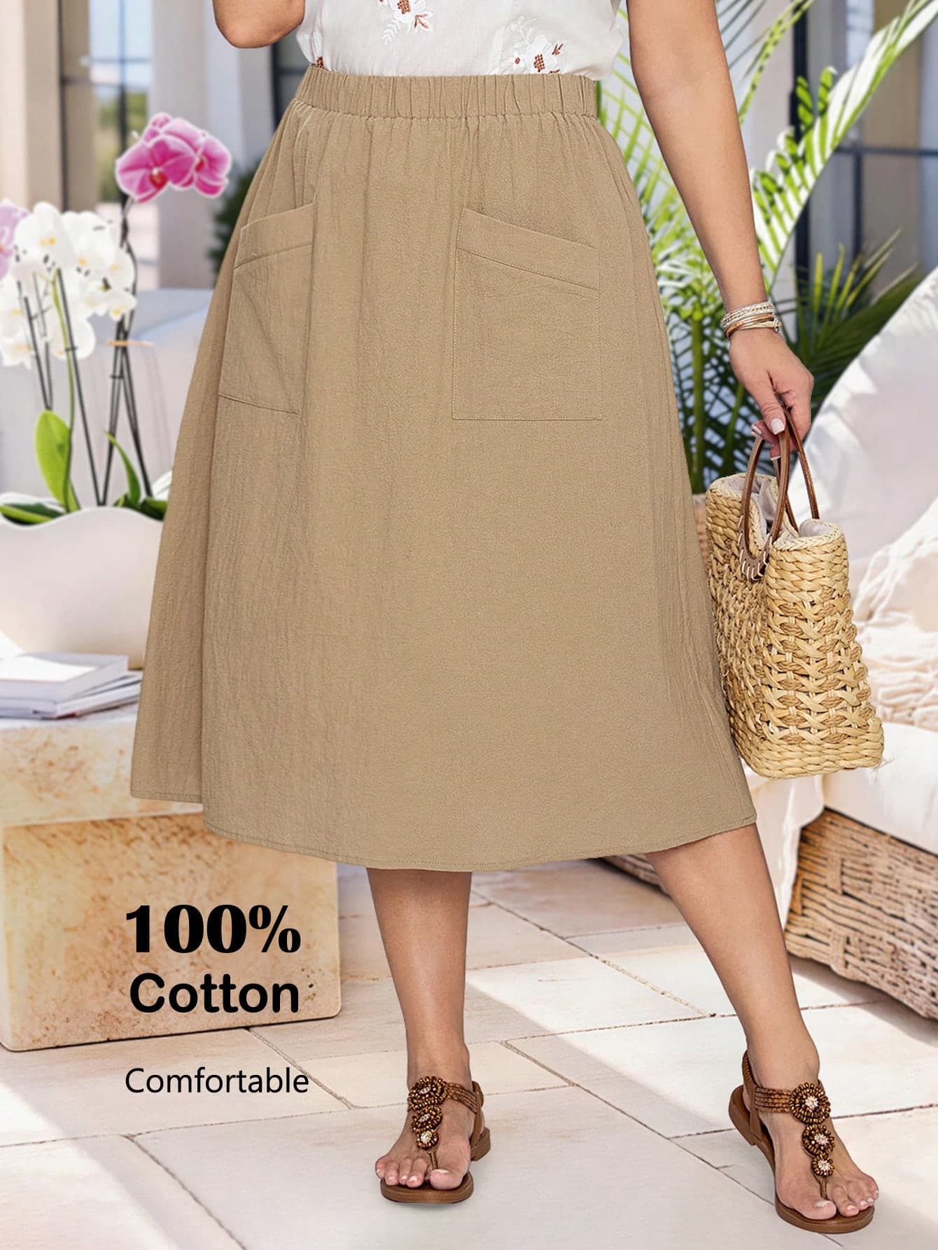 Rosumi Plus Size Women's Khaki Skirt With Pockets, Smart Casual Summer Solid Color Boho Skirt, Vacation Holiday For Women, Country Concert