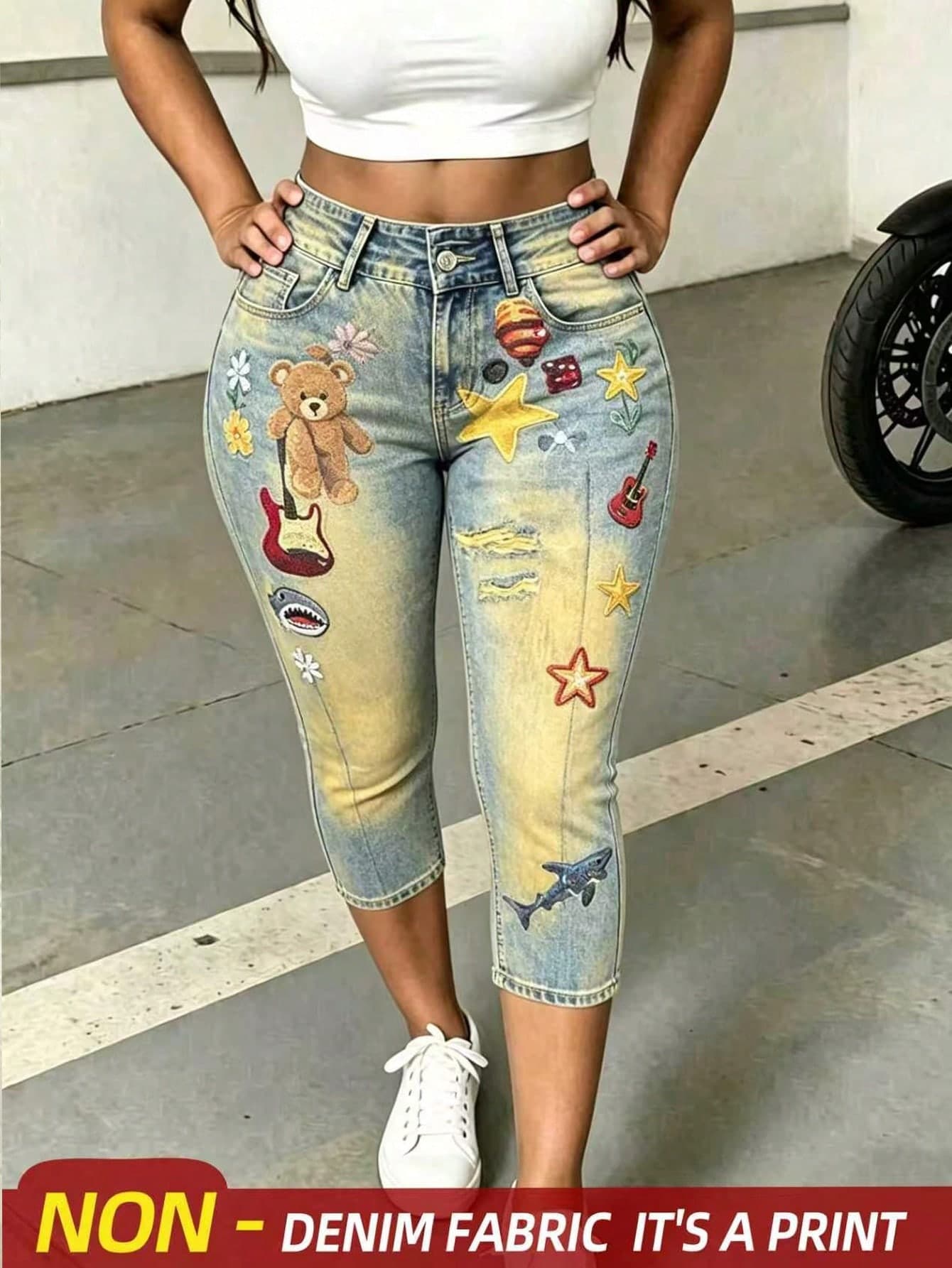 Rovax Plus Size Summer Bear Print Tight 3/4 Leggings