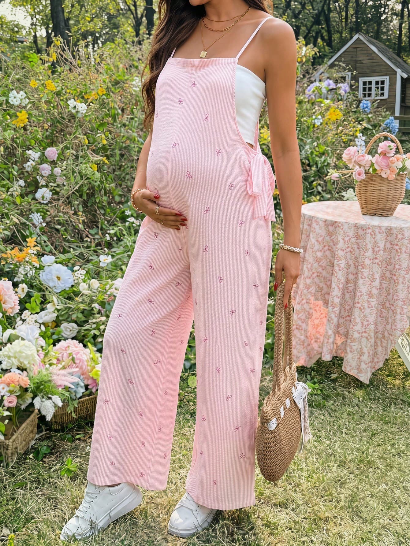 SHEIN Summer Outfits Maternity Fashion Versatile Textured Bow Tie Print Loose Jumpsuit Pants Baby Shower Photoshoot Outfit For Photoshoot Coord Set Brunch