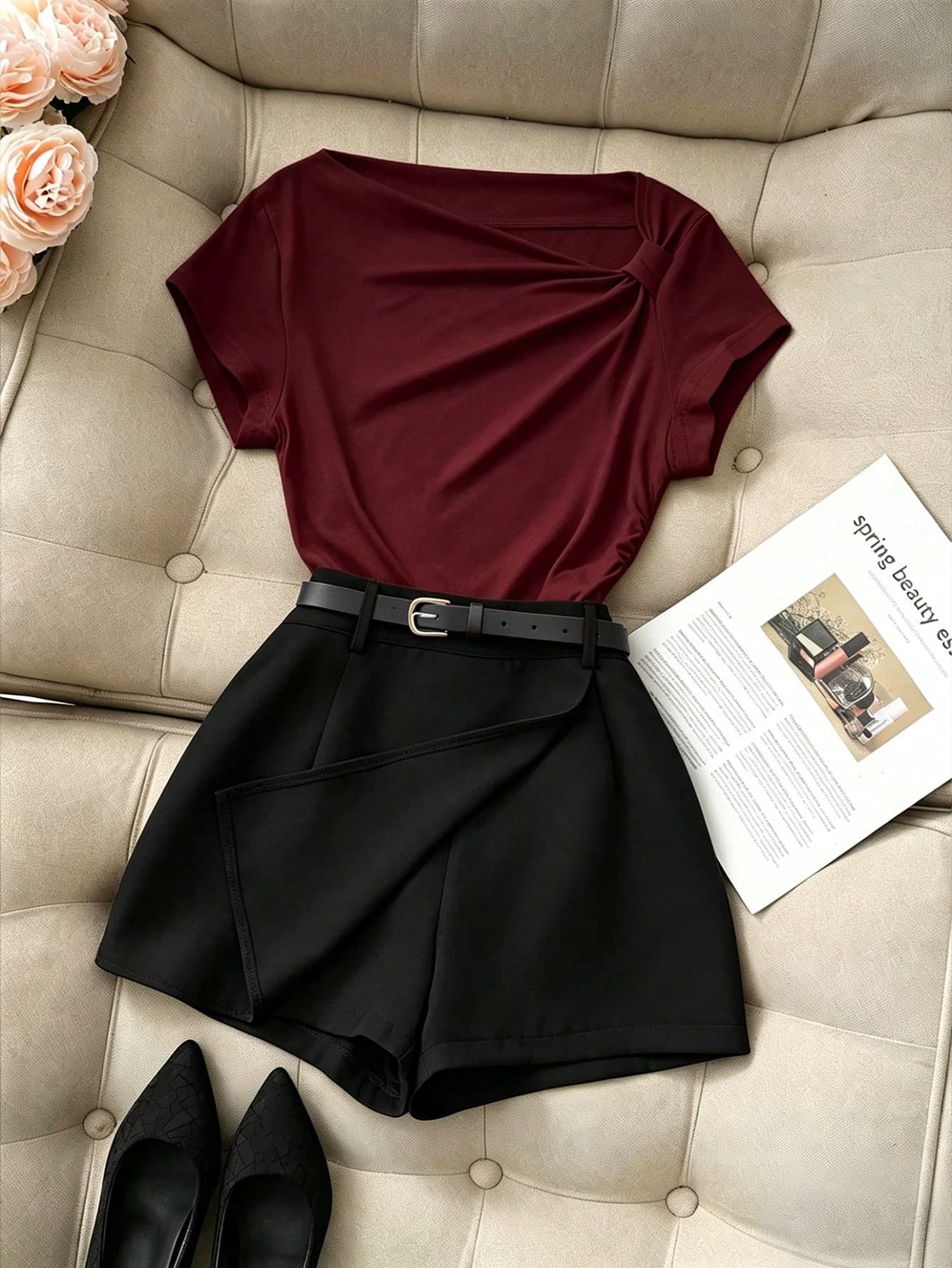 Franclia Women's Summer 2-Piece Set Elegant Black Shorts Skirt&Ruched Asymmetrical Shoulder Tight Short Sleeve Top,Casual Office Vacation Outfit Suit