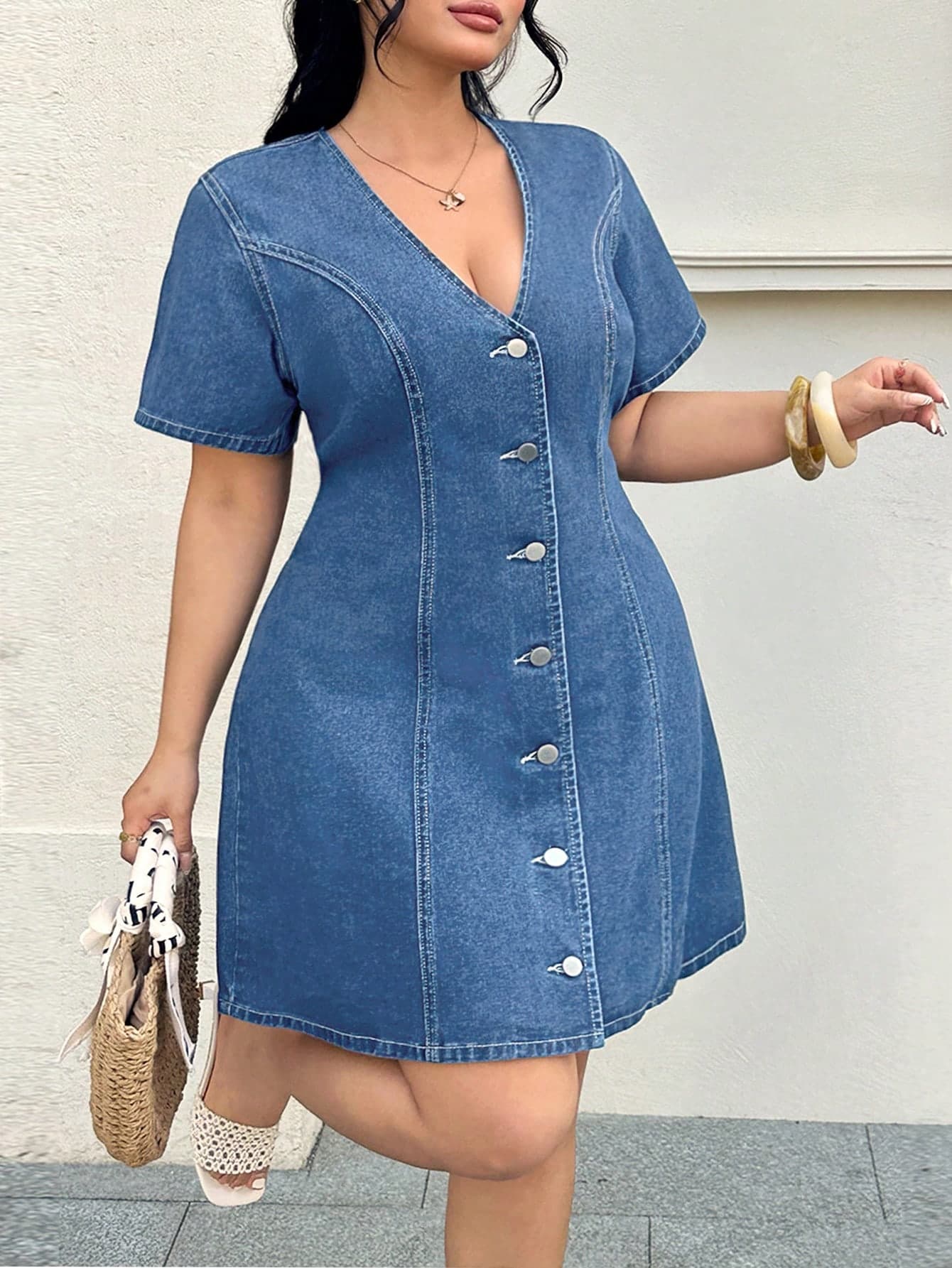 GalTyme Plus Size Summer Casual Front Button Dress