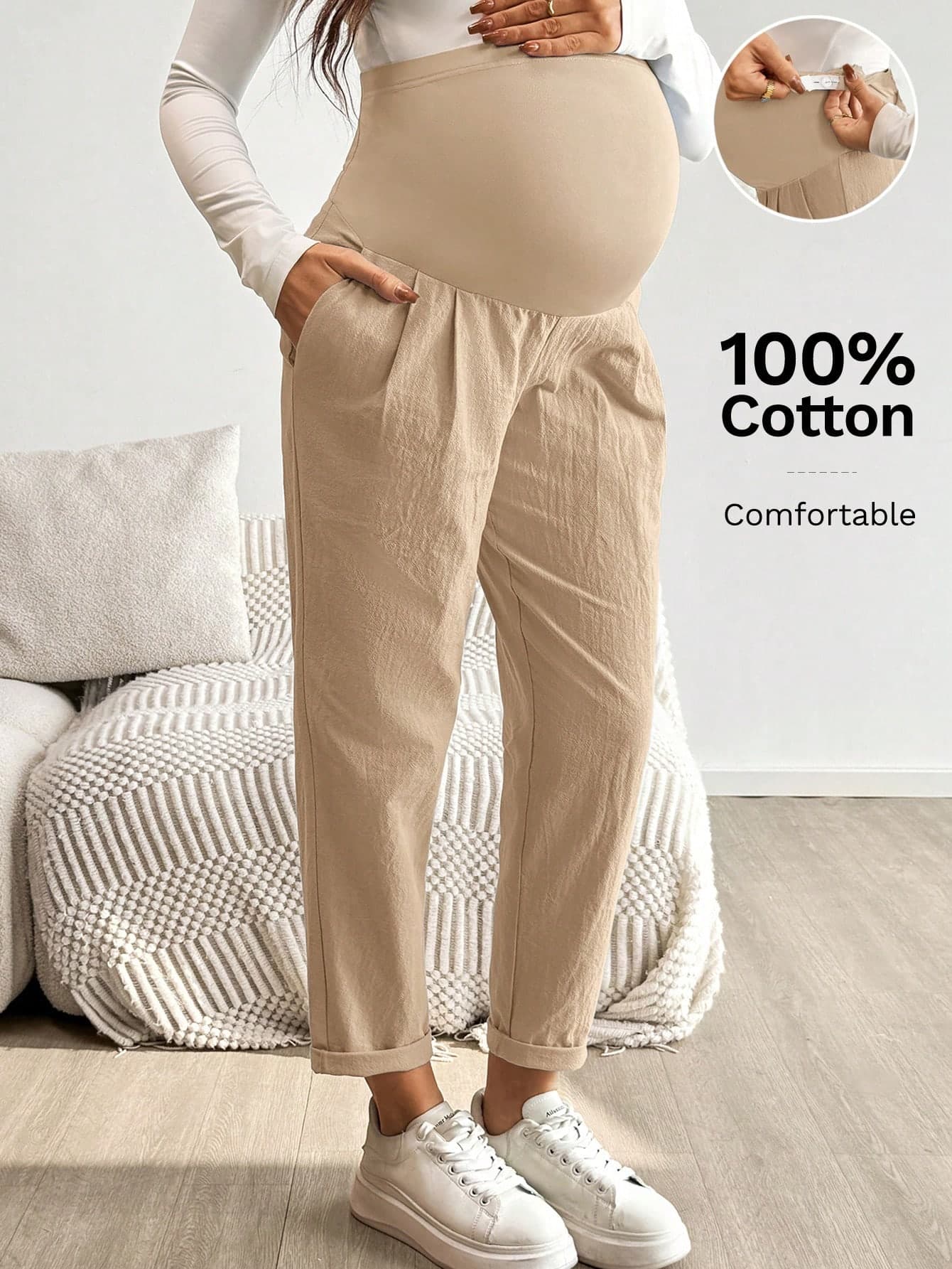 SHEIN Maternity Fashionable Versatile Textured Adjustable Waist Casual Pants Fall