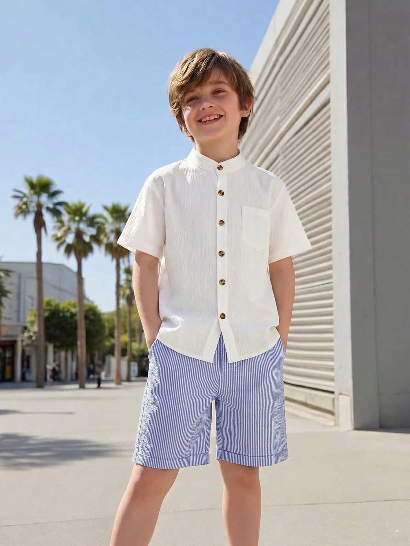 SHEIN Teenage Boys' Commuting Casual Textured Striped Fabric Stand Collar Shirt & Striped Shorts 2 Pieces Outfit, Comfortable & Fashionable