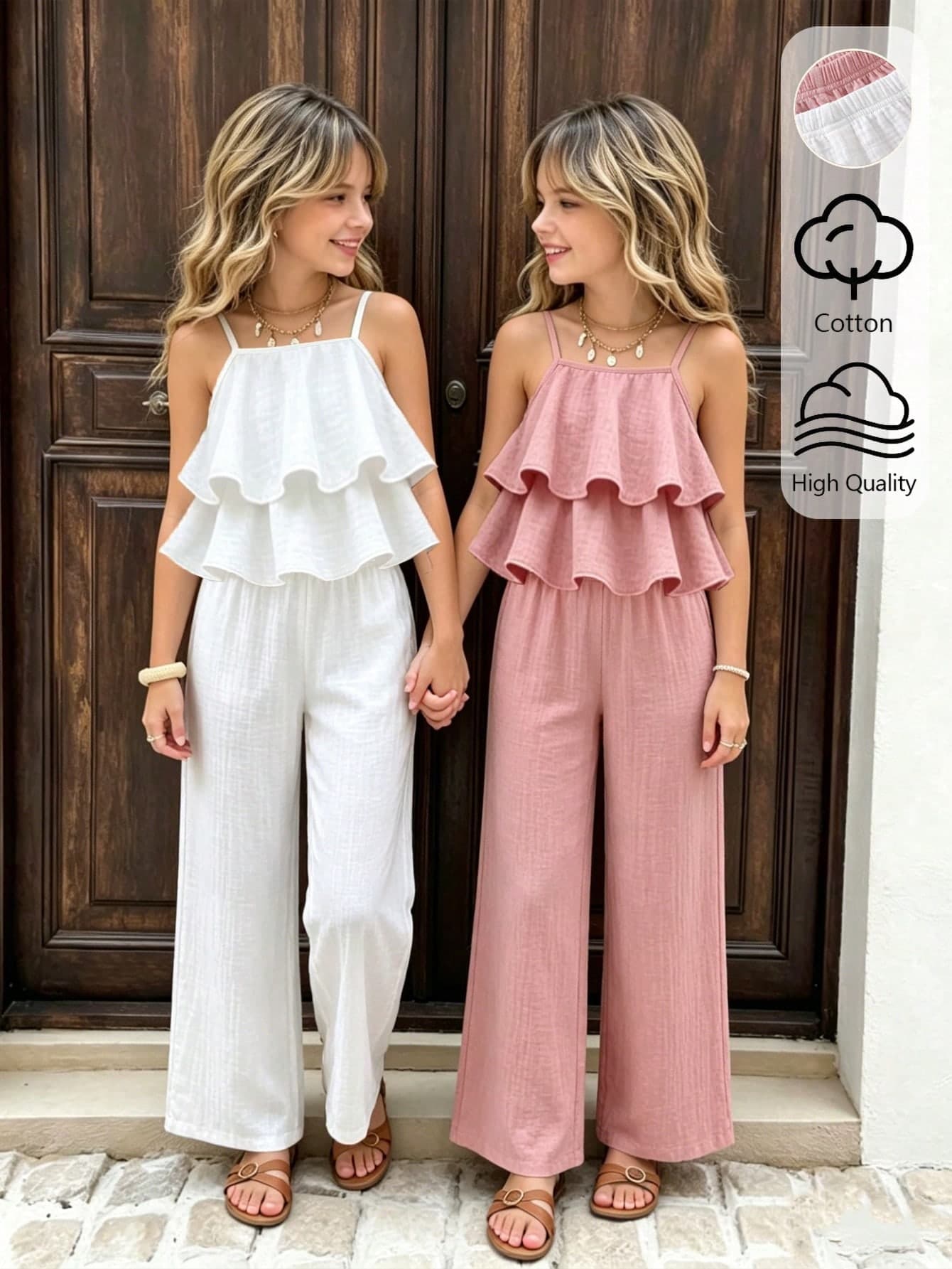 Elladie kids 4pcs/Set Young Girl Solid Color Camisole Top And Pants Casual Daily Wear