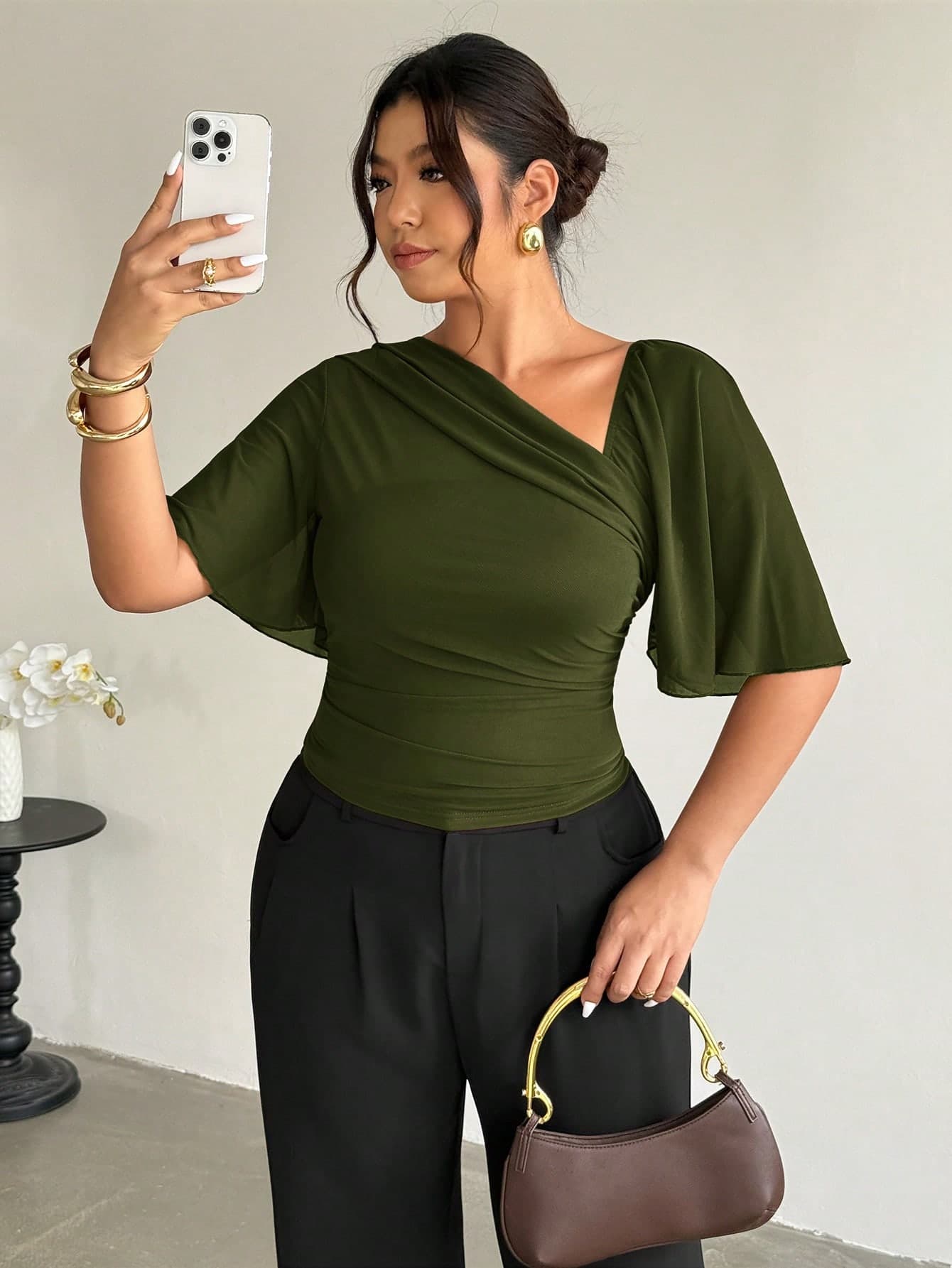 Firerie Plus Size Women Solid Color Pleated Fitted Casual Top