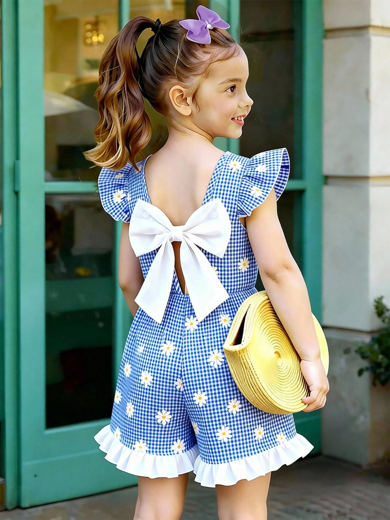 Elladie kids Young Girl' Blue & White Plaid Daisy Cap Sleeve Romper, Elegant & Comfortable Summer Children Clothing, Fashionable Sleeveless Jumpsuit