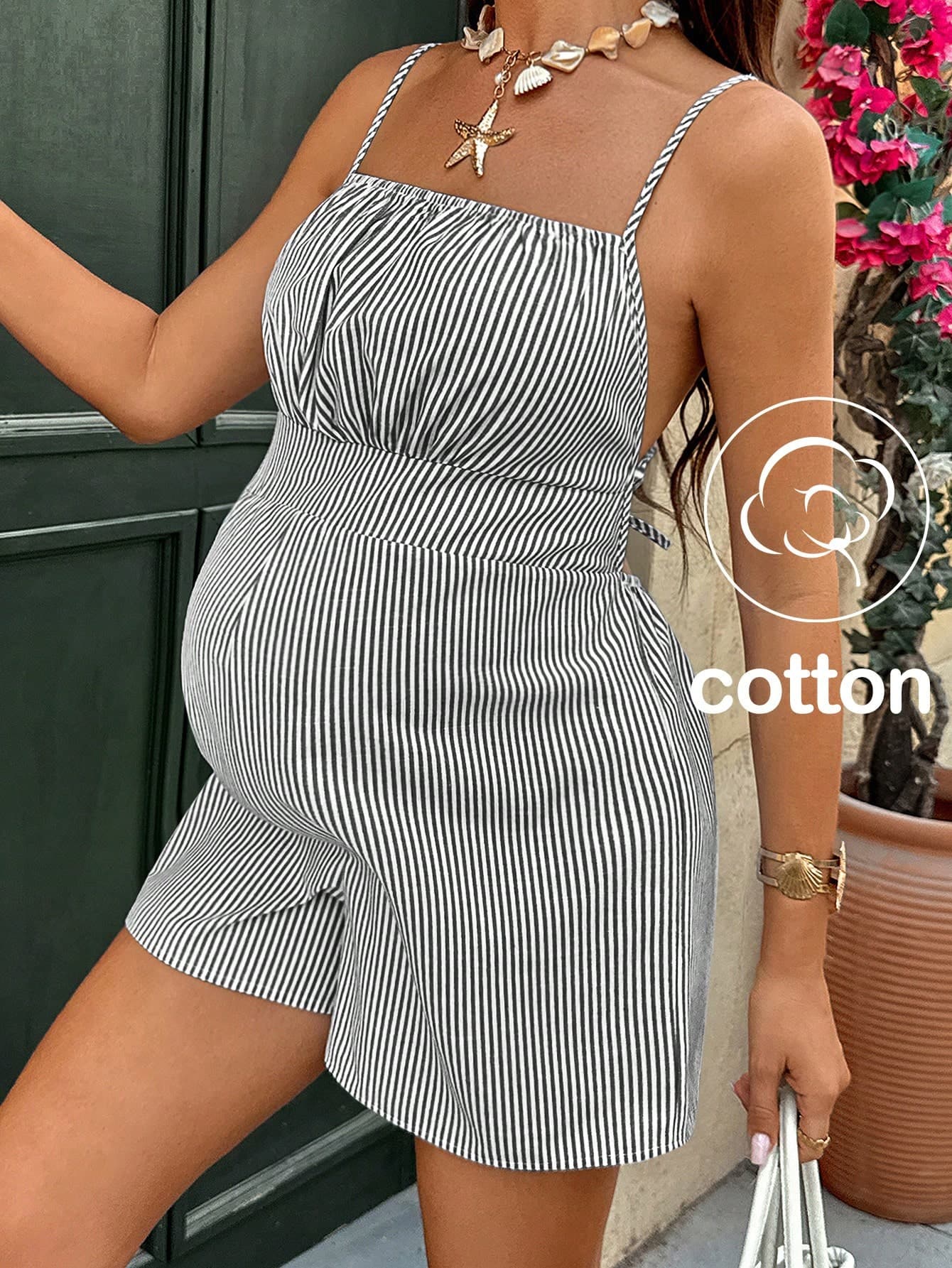 Lyckli Pregnant Women Striped Casual Backless Romper