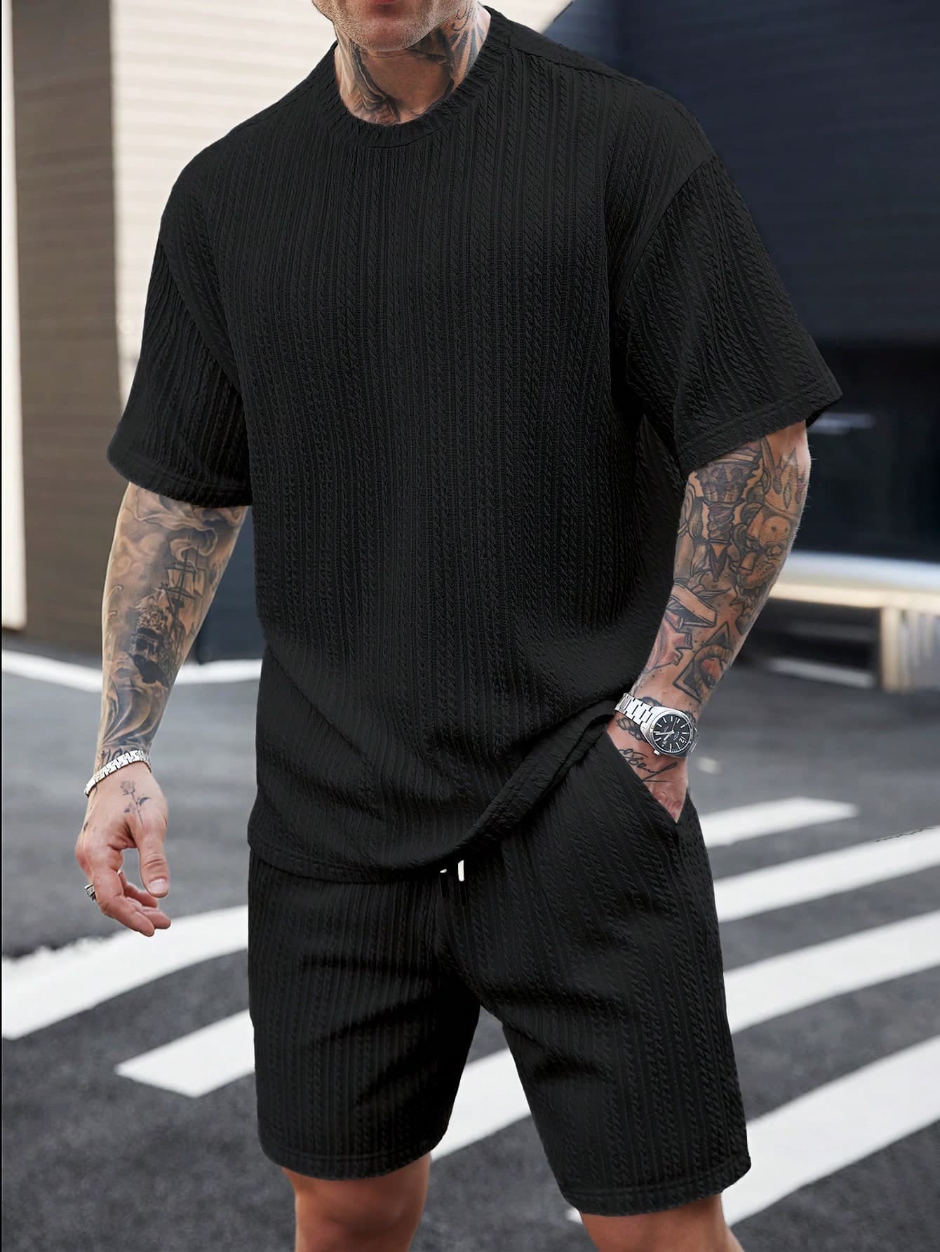 Manfinity Roughcore Men's Black Summer Casual City Break Vacation Style Terry-Motif Short-Sleeve Shirt And Shorts Set,Hawaiian Beach Cozy Outfits
