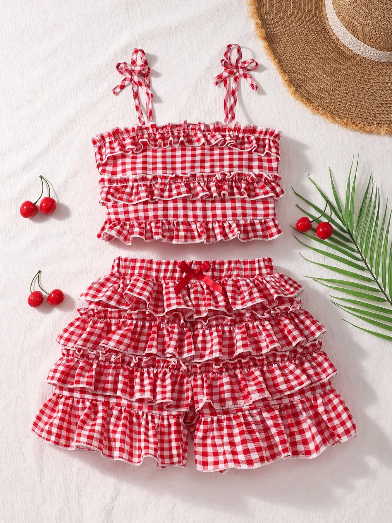 SHEIN Genkimix Kids Young Girl Plaid Ruffle Camisole And Cake Skirt 2 Pieces Set