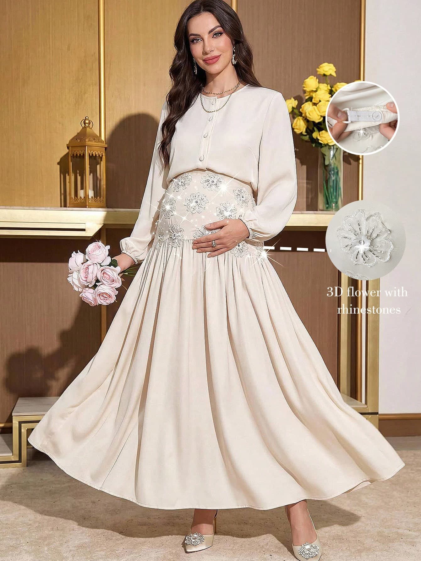 SHEIN Pregnant Women's Solid Color Button-Front Long Sleeve Top And Floral Embroidered Skirt Elegant 2-Piece Set Wedding Guest Autumn