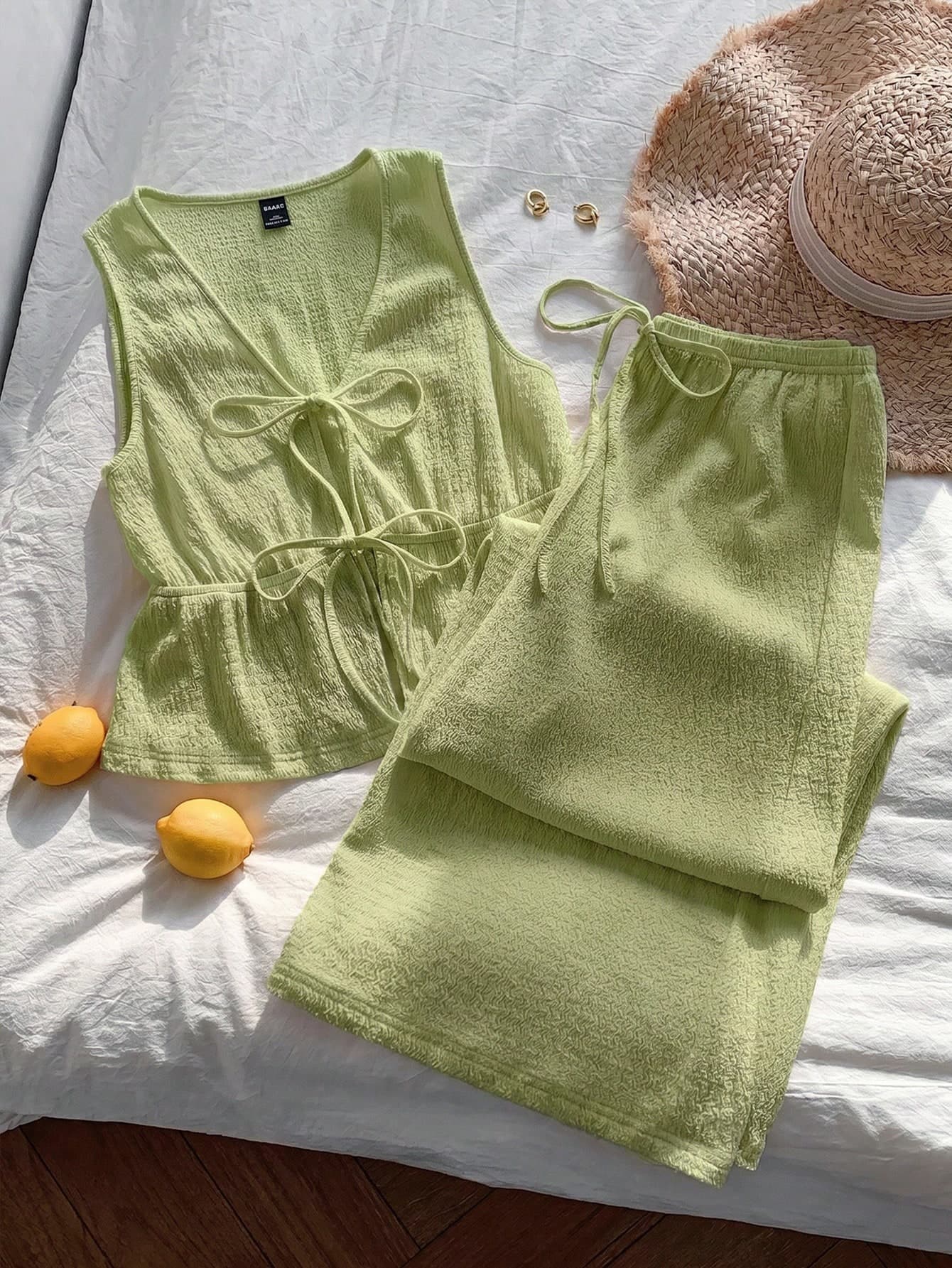 Comfortcana Women's Solid Color Tie Front Top And Pants Casual Boho Everyday Suit,Vacation Outfits Women,Summer Outfits For Women Vacation Lime Green