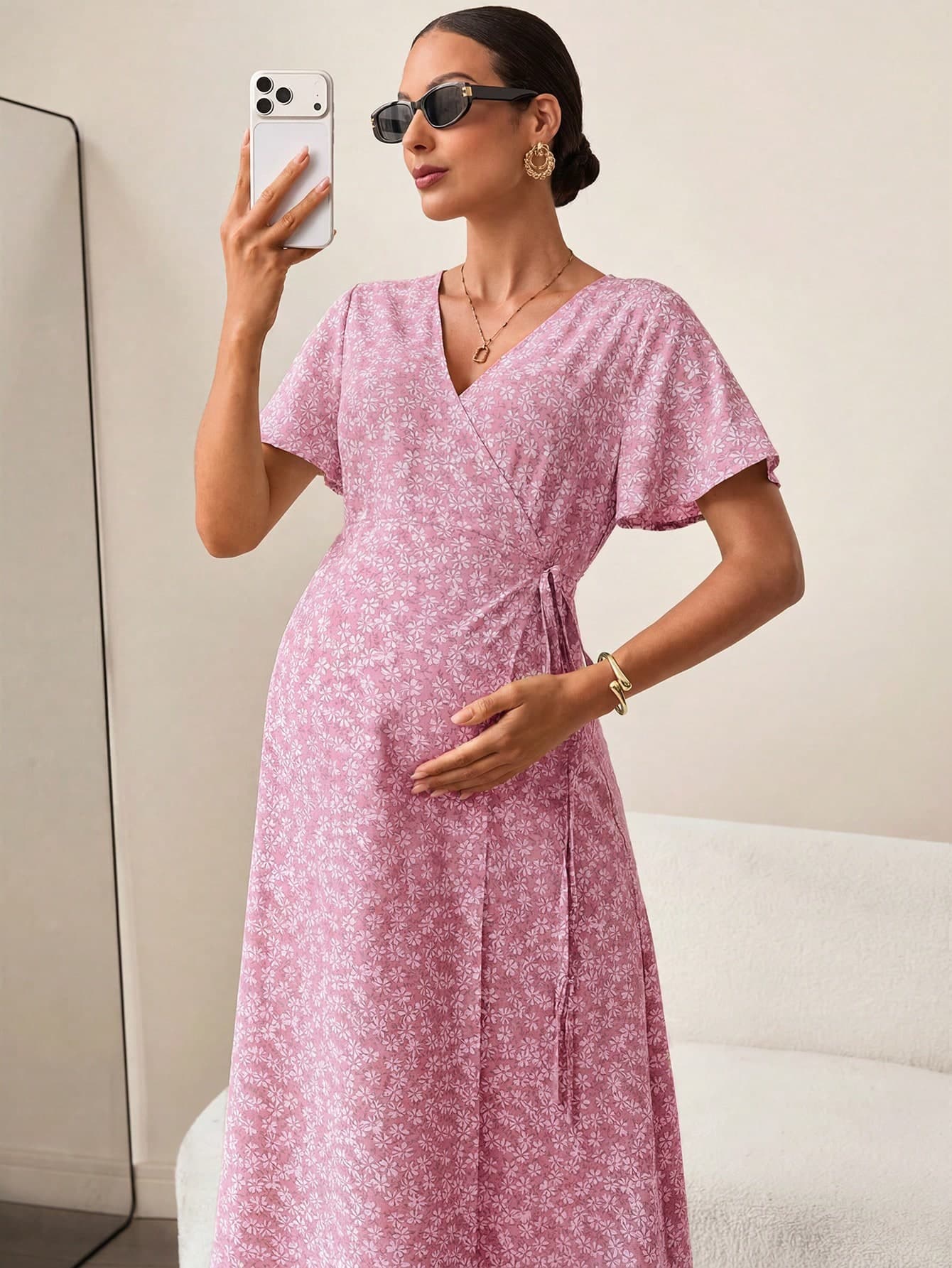 MaterniWear Maternity Floral Print Tie-Front V-Neck Dress, Resort Garden