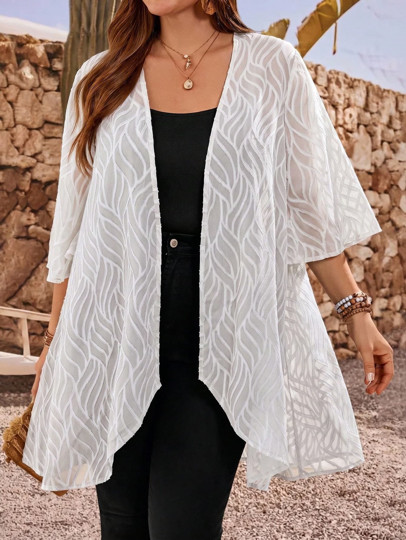 EMERY ROSE Plus Size Women's Textured Elegant White Casual Kimono Jacket,Summer Holiday Vacation Loose Lightweight Coats,Simple Fashionable Everyday Wear,Vacay