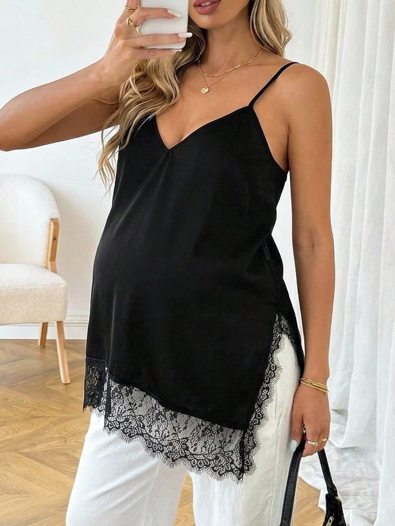 SHEIN Maternity Solid Color Contrast Lace Side Slit Hem Camisole Top