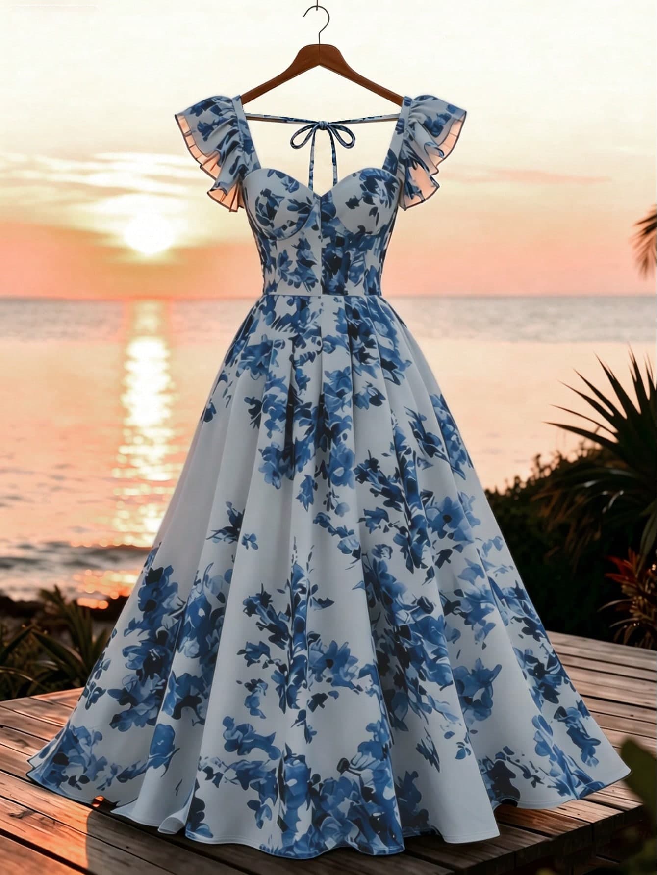 SHEIN Franclia Women's White And Blue Floral Ruffle-Sleeve Elegant A-Line Long Dress, Summer Tropical Holiday Vacation Tea Party Spring Getaways Outfit