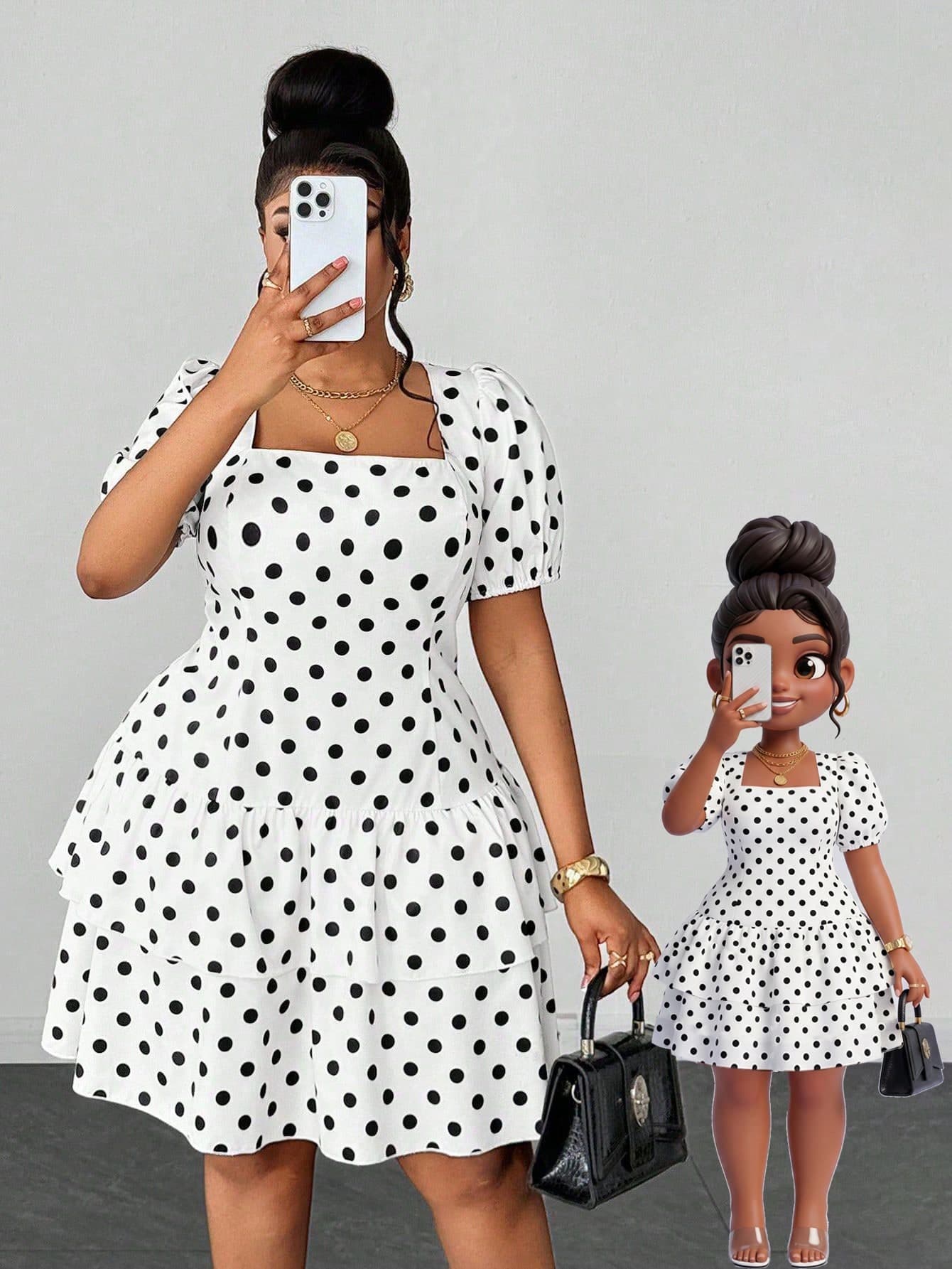 Maweii Plus Size Women's Black And White Polka Dot Mini Dress,Summer Cute Elegant Square Neck Puff Sleeve Double Ruffle Hem Flowing Tea Party Retro Outfit