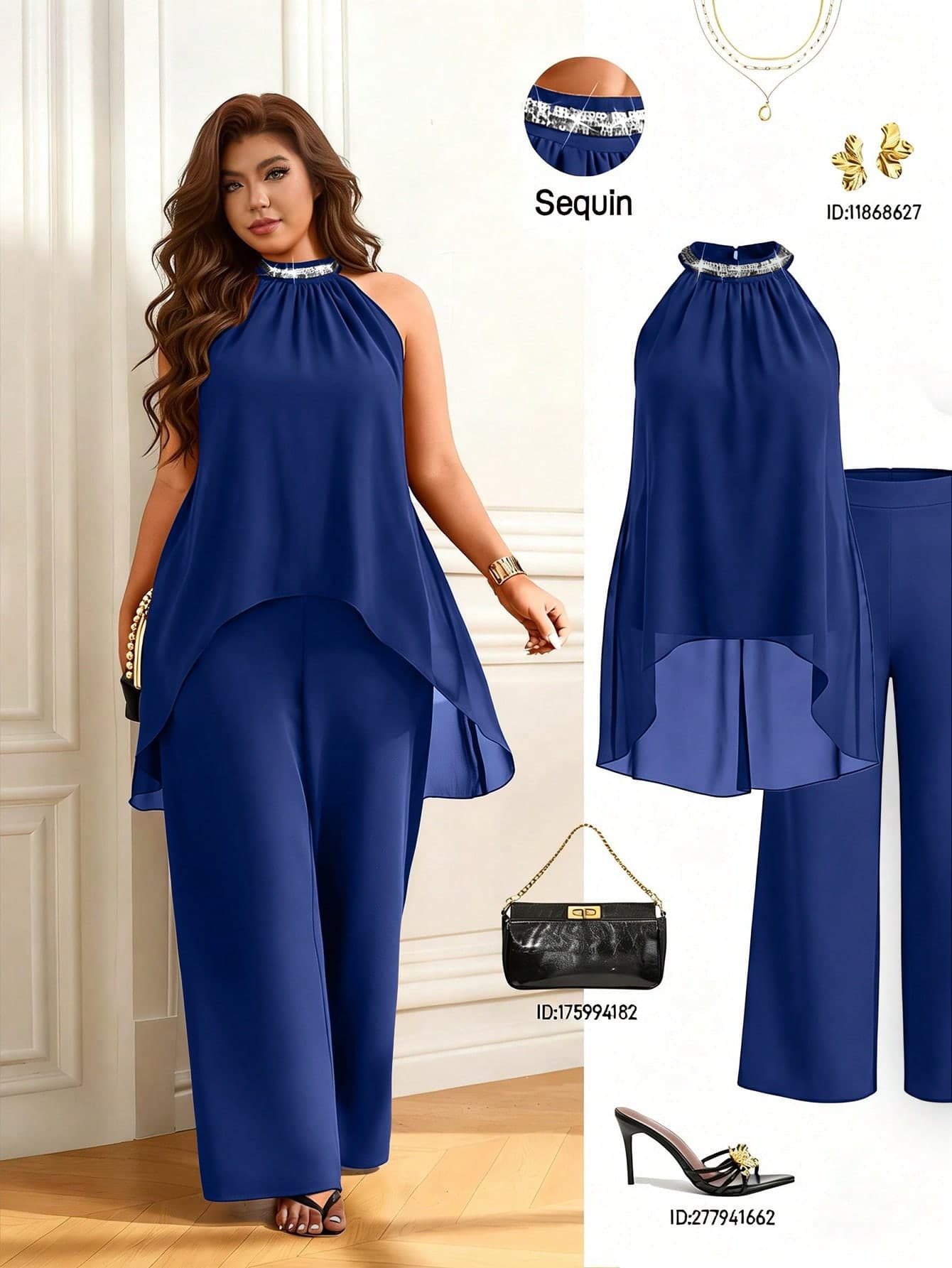 Femmeverse Plus Size Women's Pleated Halter Neck Sequin Patchwork 2 Pieces Set, Loose High Waist Wide Leg Pants Suit