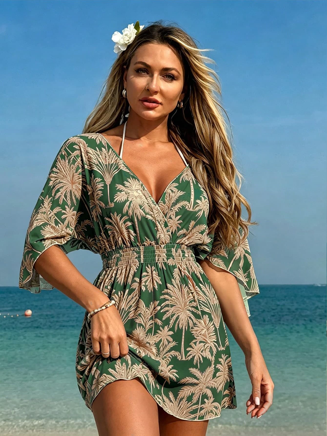 Swim Lushoire Women's Beach Vacation Tropical Print Loose V-Neck Midi Coverup