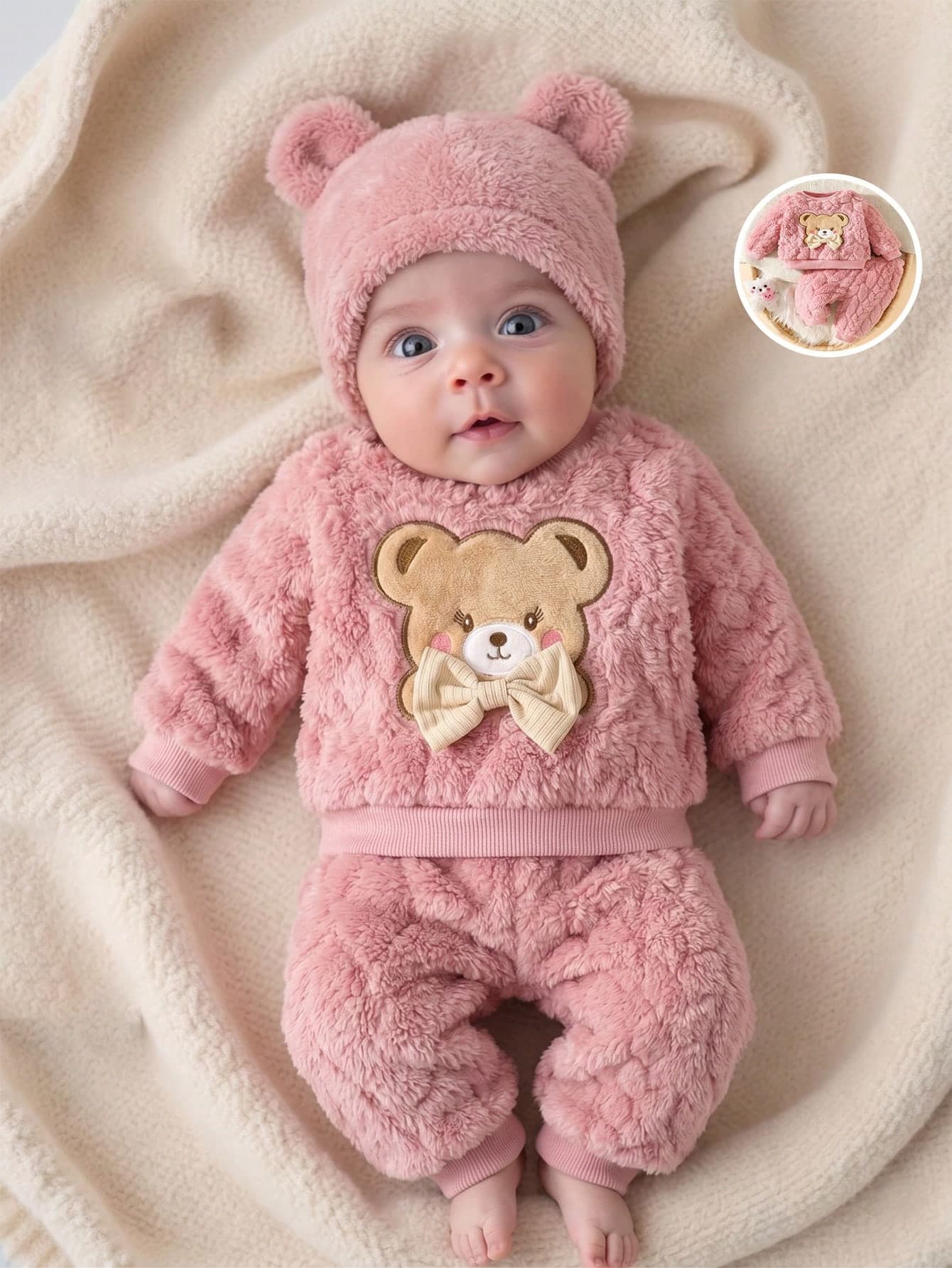 SHEIN 2pcs Baby Clothes Set, Cute Bear Head Pattern Fluffy Sweatshirt And Pants, Pink, Autumn/Winter