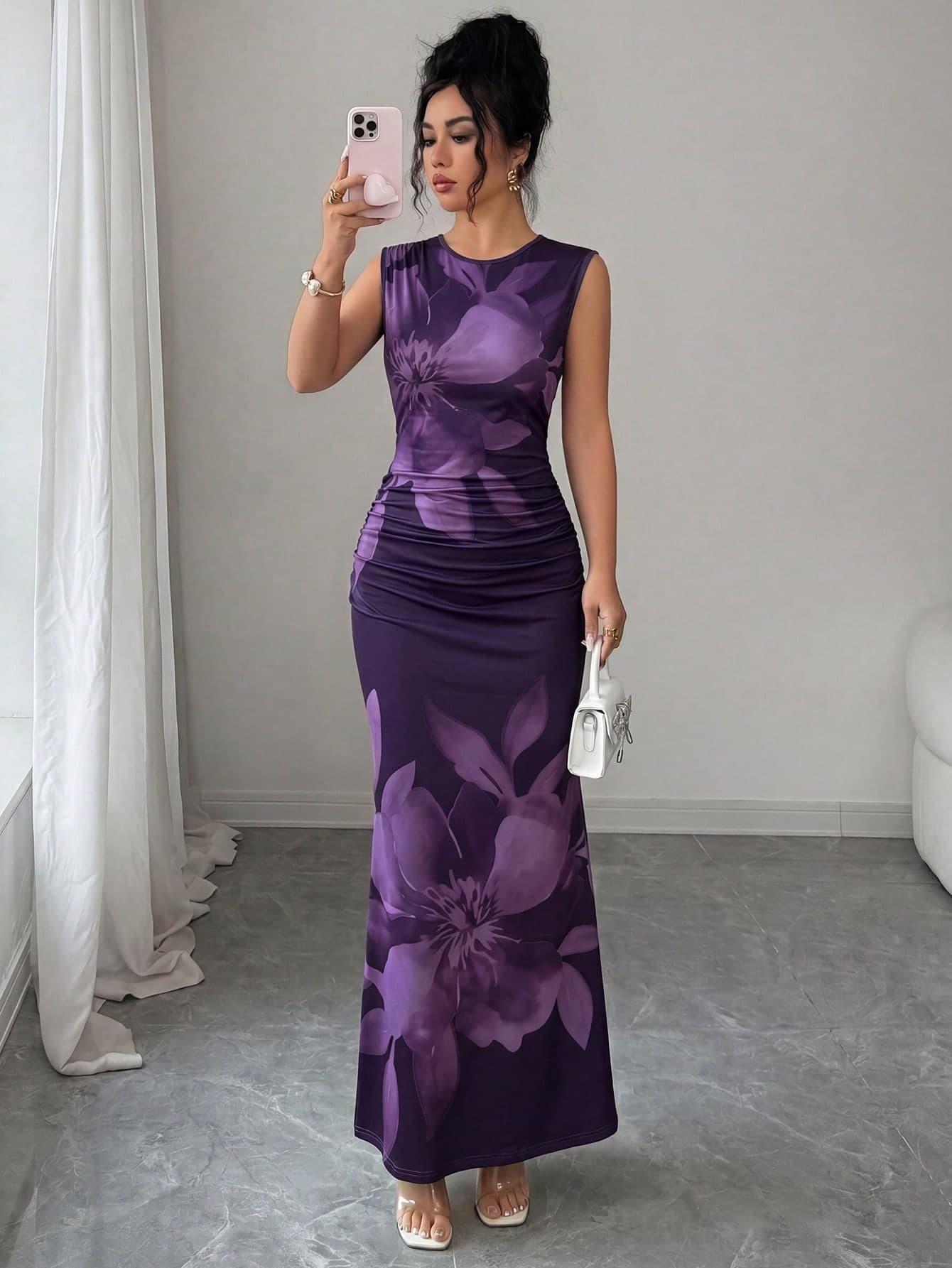 Elenzga Printed Vacation Round Neck Sleeveless Floral Minimalist Elegant Romantic Fitted Flared Hem Dress For Women