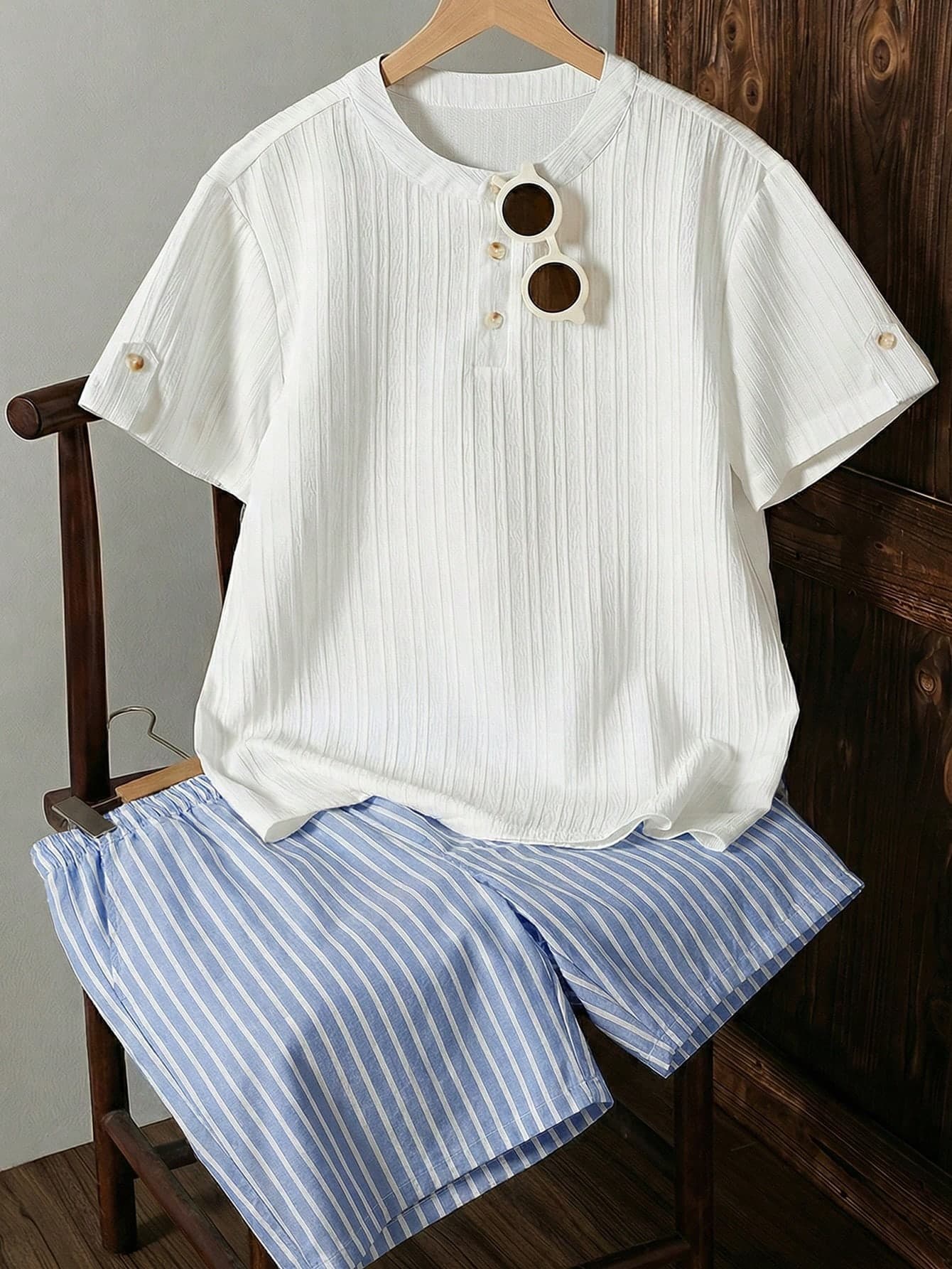 2pcs Set Casual Textured Fabric Half-Placket Shirt & Striped Shorts For Teenage Boys, Comfortable For Daily, Commute, Vacation