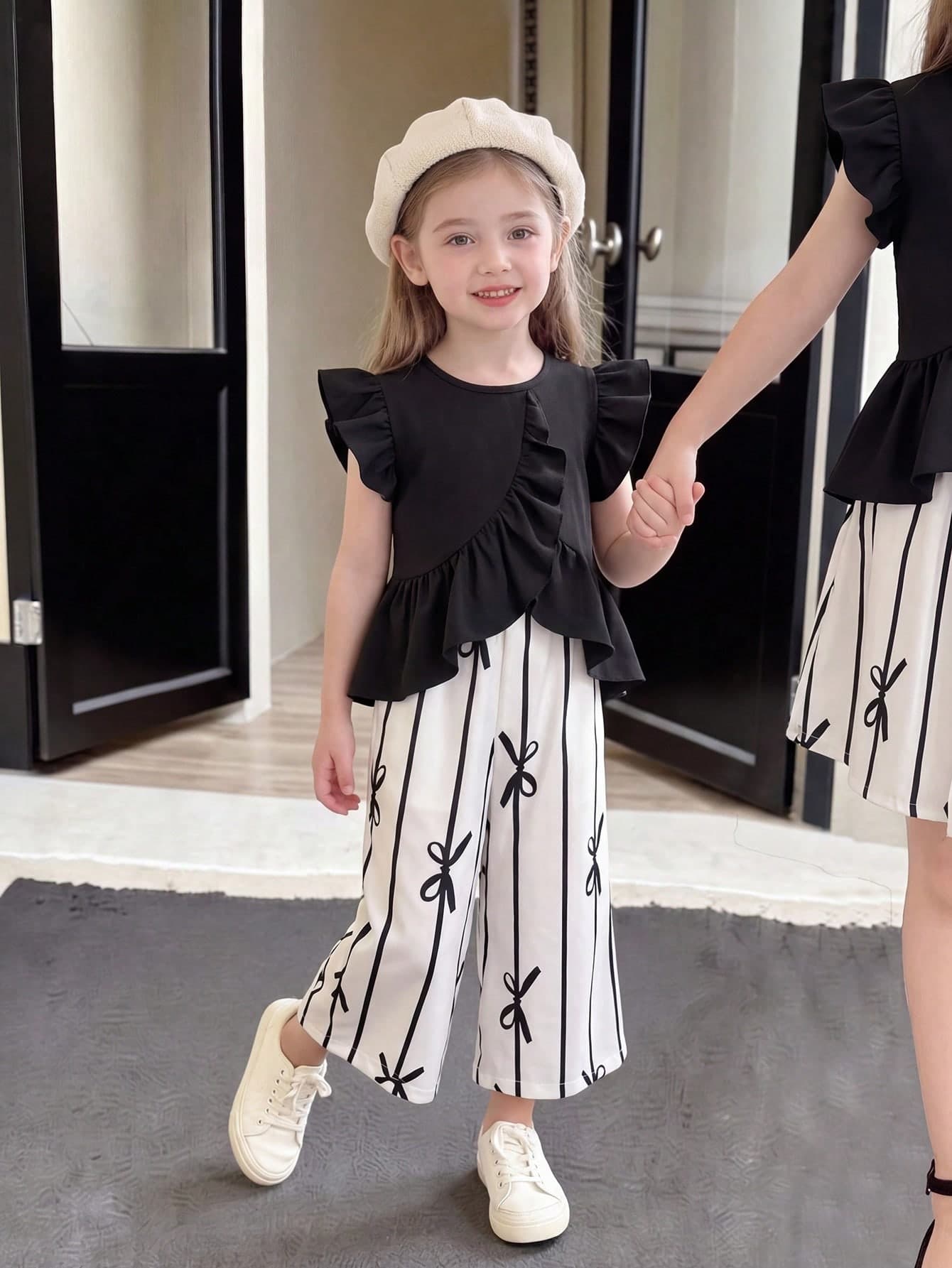 Elladie kids Young Girls Summer Family Matching Cute 2Pcs Outfit,Black Ruffle Top & Bow Print Striped Pants Set With Asymmetrical Hem Design,Casual Girls Clothing