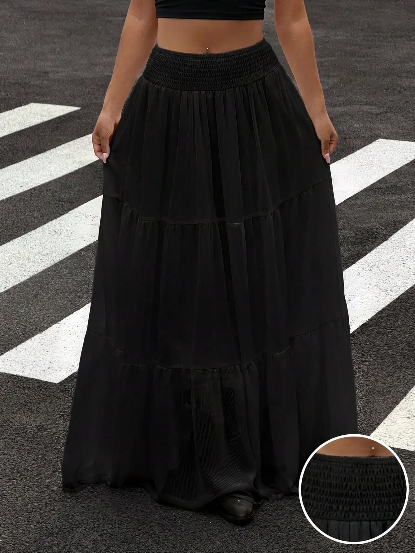 Muchica Women's Solid Color Elastic Pleated Fashionable Maxi Skirt Vacation Black Autumn Casual