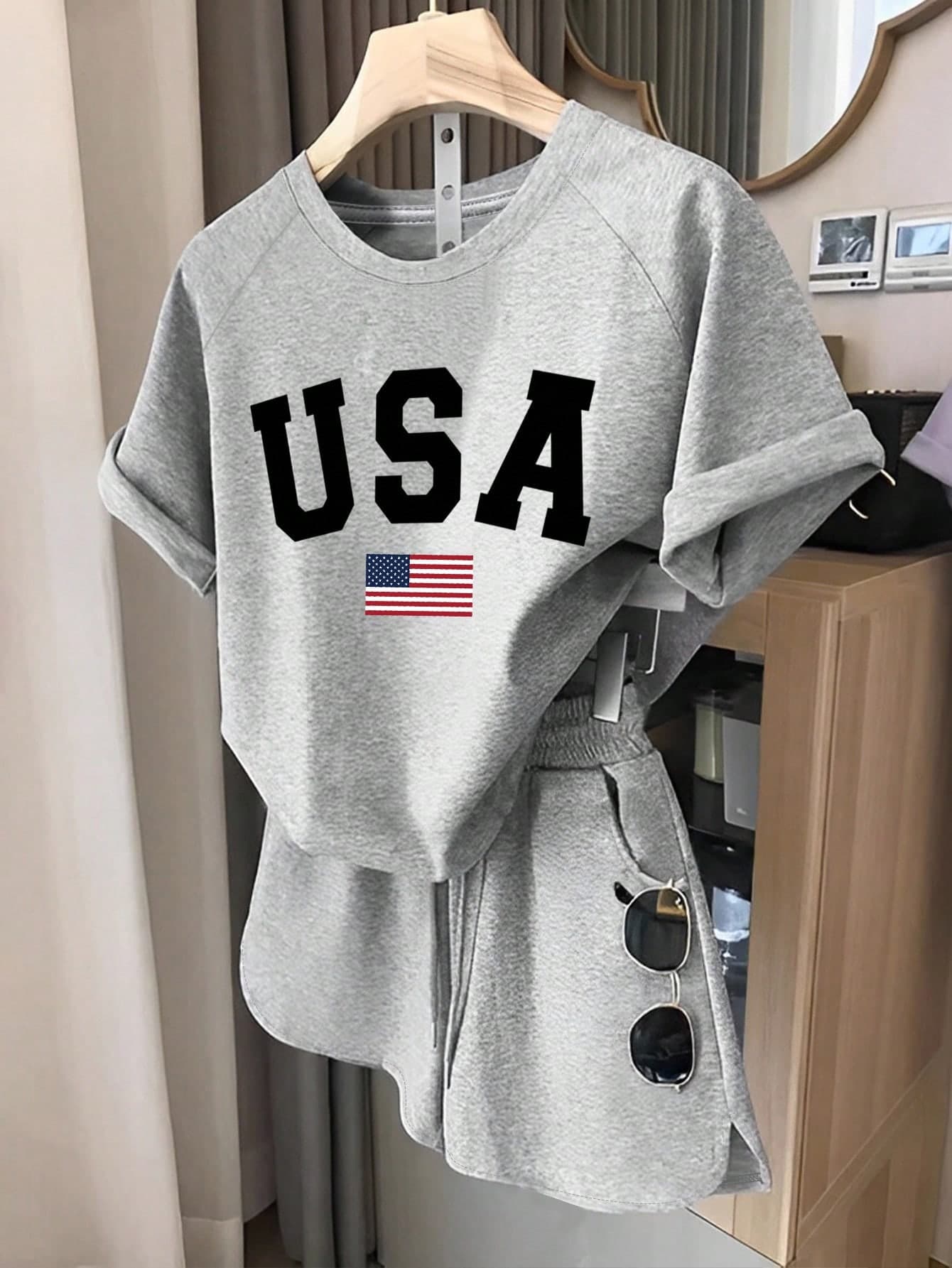Teen Girls Independence Day USA Flag Print 2-Piece Set,Short Sleeve Pocket TeeDrawstring Shorts,Summer Streetwear Casual Soft Outfit Greenandwhite